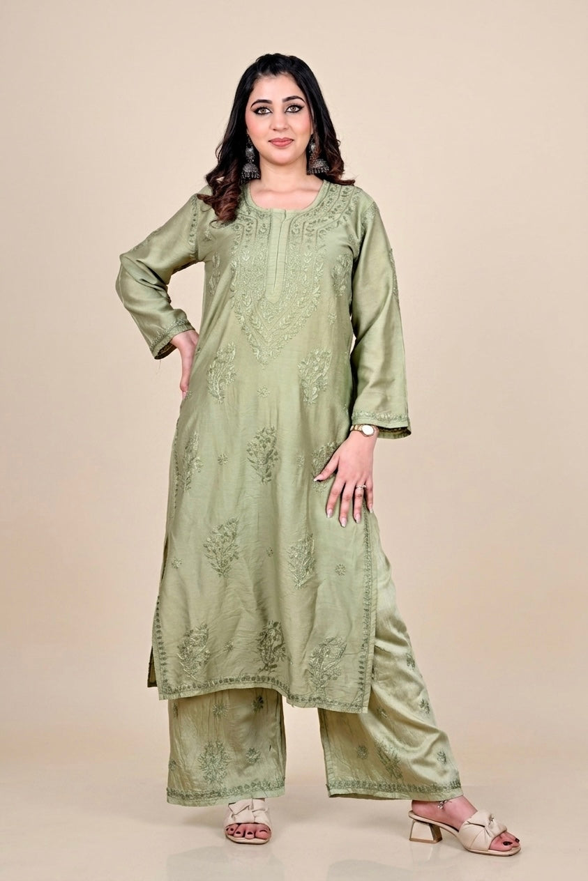 Olive Green Silk Blend Lucknowi Chikankari Kurta Set