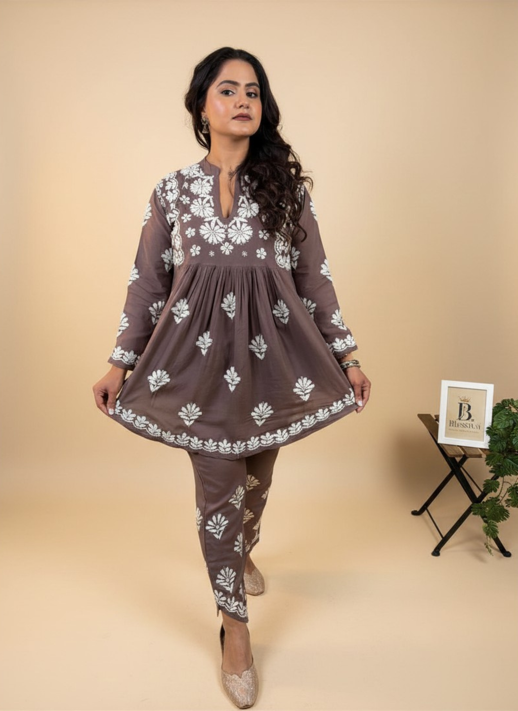 Mocha Blossom Embroidered Kurta Set with Pants