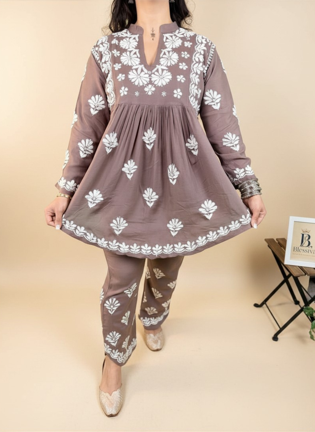 Mocha Blossom Embroidered Kurta Set with Pants
