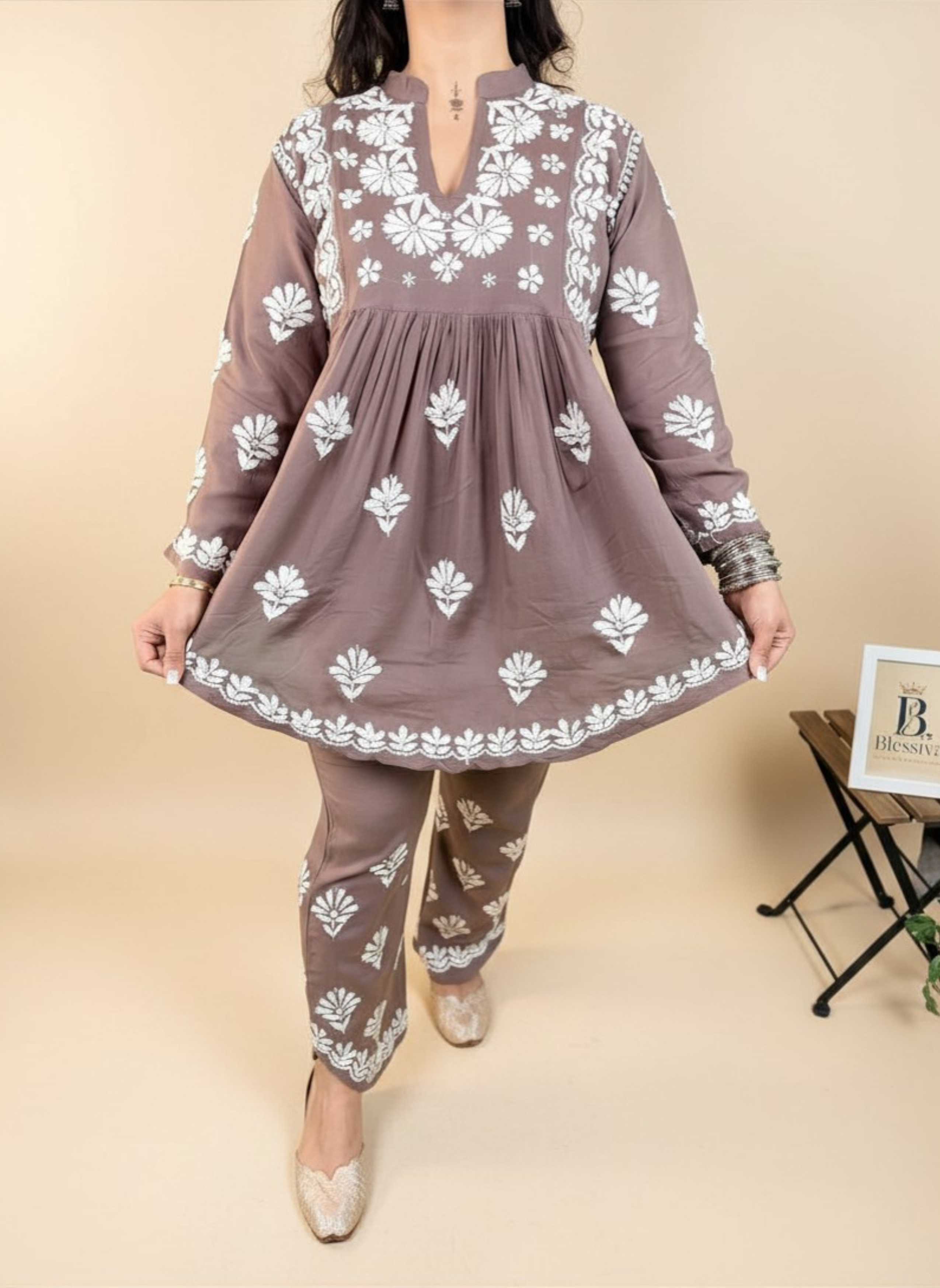 Mocha Blossom Embroidered Kurta Set with Pants