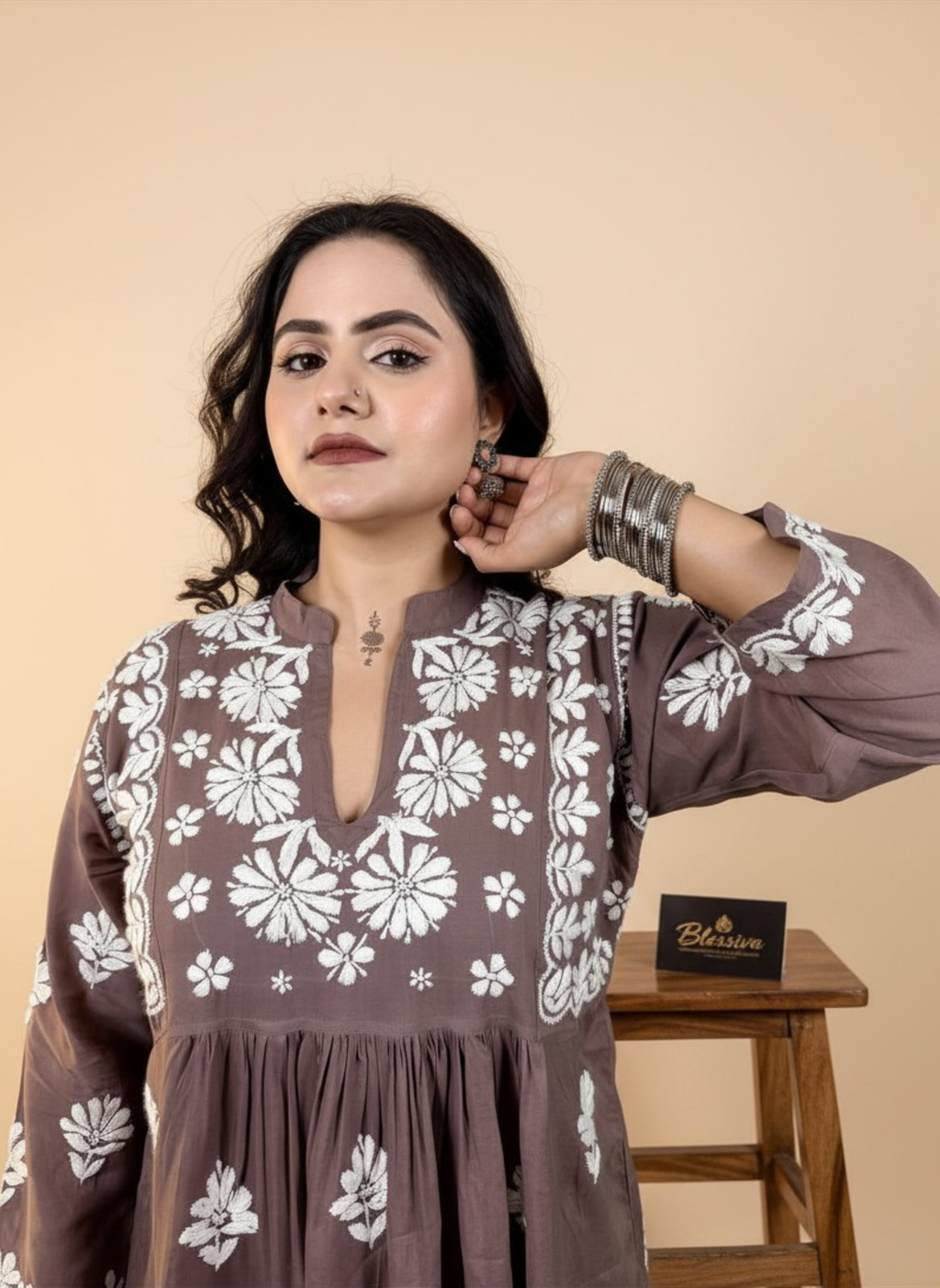 Mocha Blossom Embroidered Kurta Set with Pants