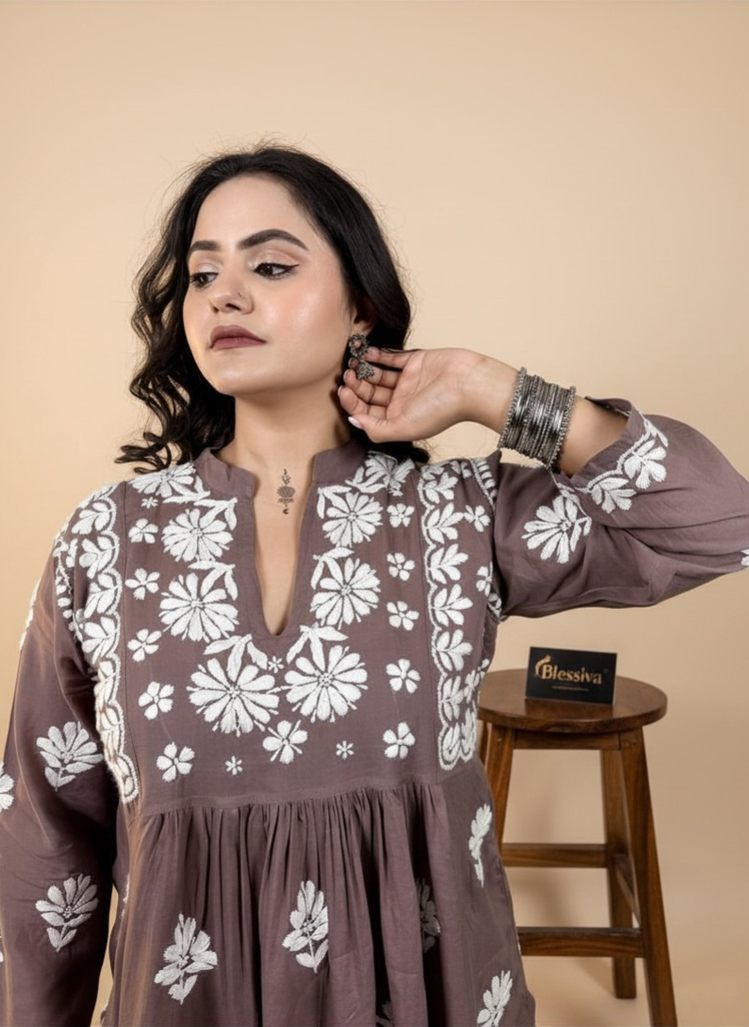 Mocha Blossom Embroidered Kurta Set with Pants