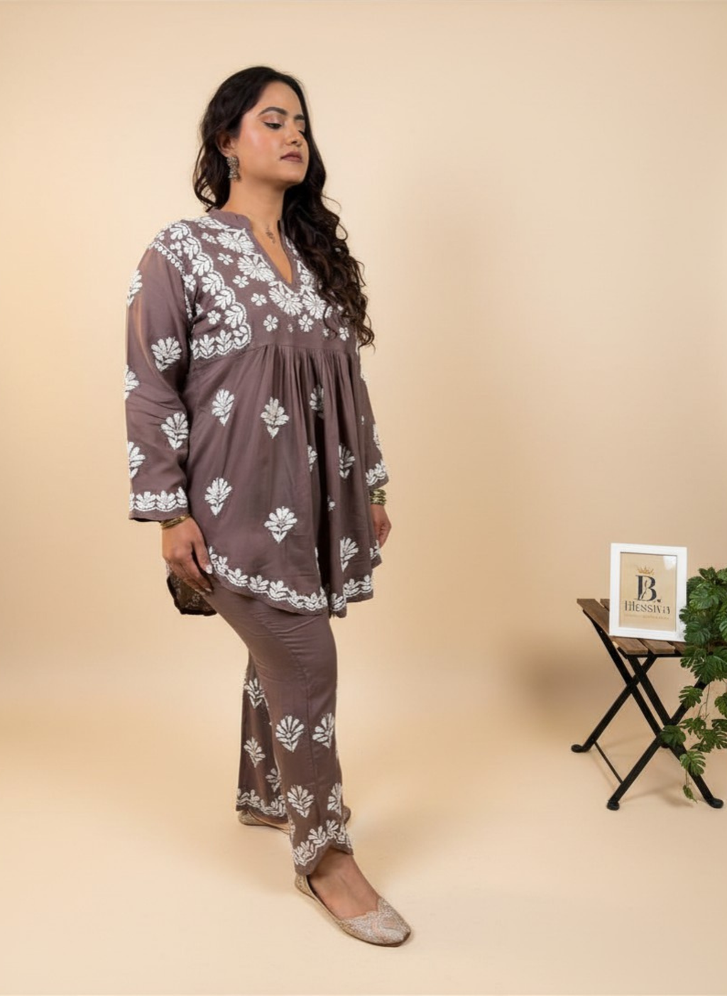 Mocha Blossom Embroidered Kurta Set with Pants