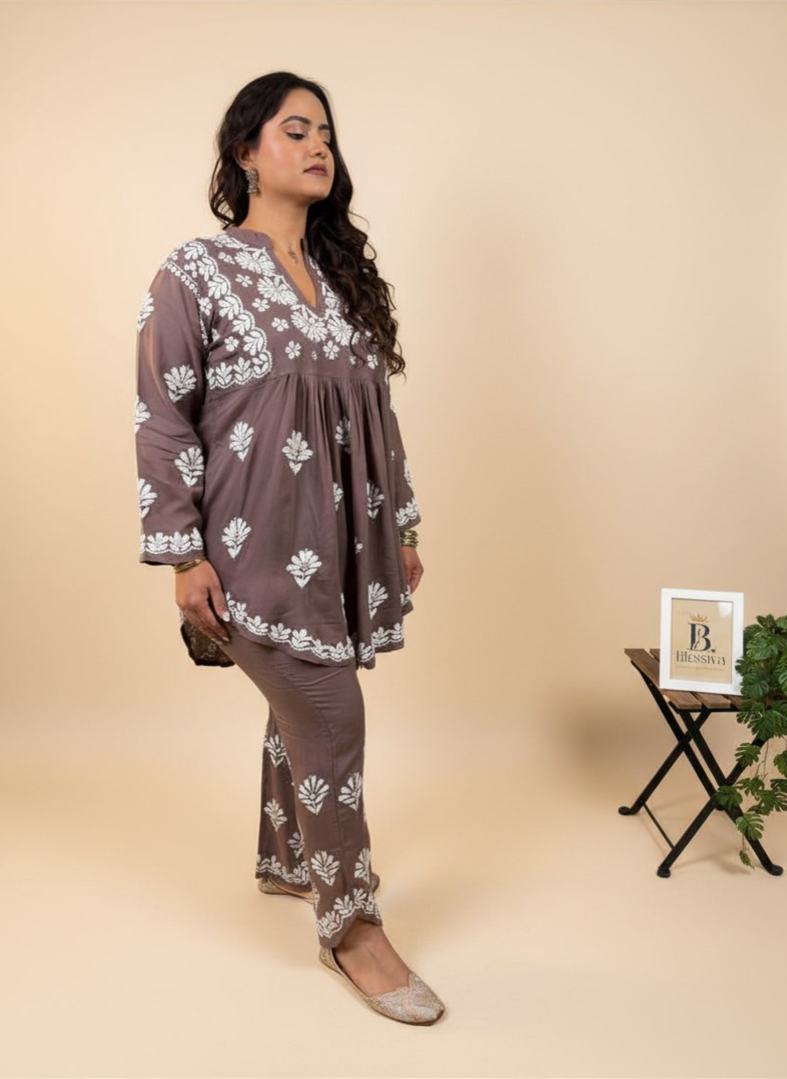 Mocha Blossom Embroidered Kurta Set with Pants