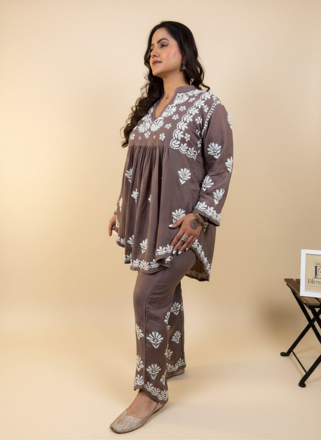 Mocha Blossom Embroidered Kurta Set with Pants