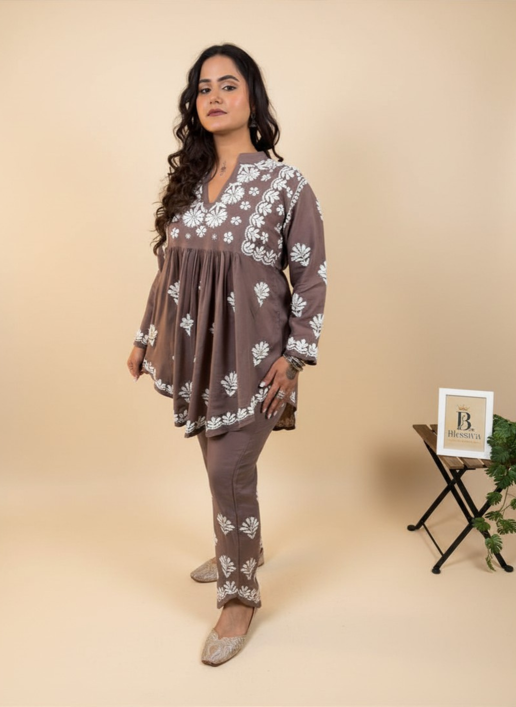 Mocha Blossom Embroidered Kurta Set with Pants