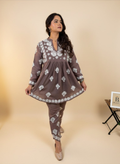 Mocha Blossom Embroidered Kurta Set with Pants