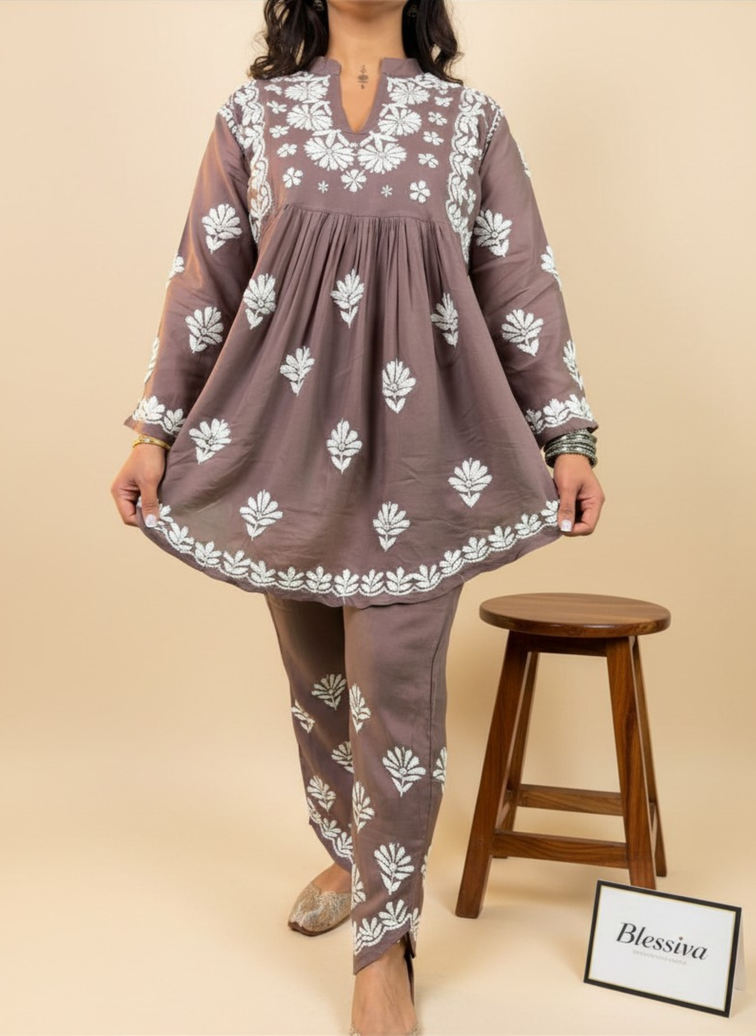 Mocha Blossom Embroidered Kurta Set with Pants