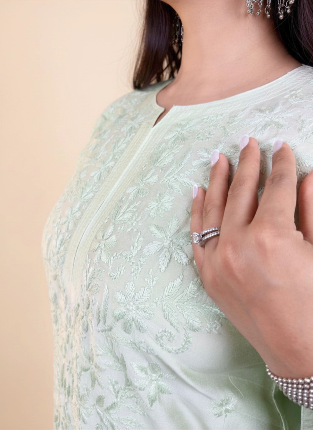 Mint Whisper Hand-Embroidered Chikankari Kurta