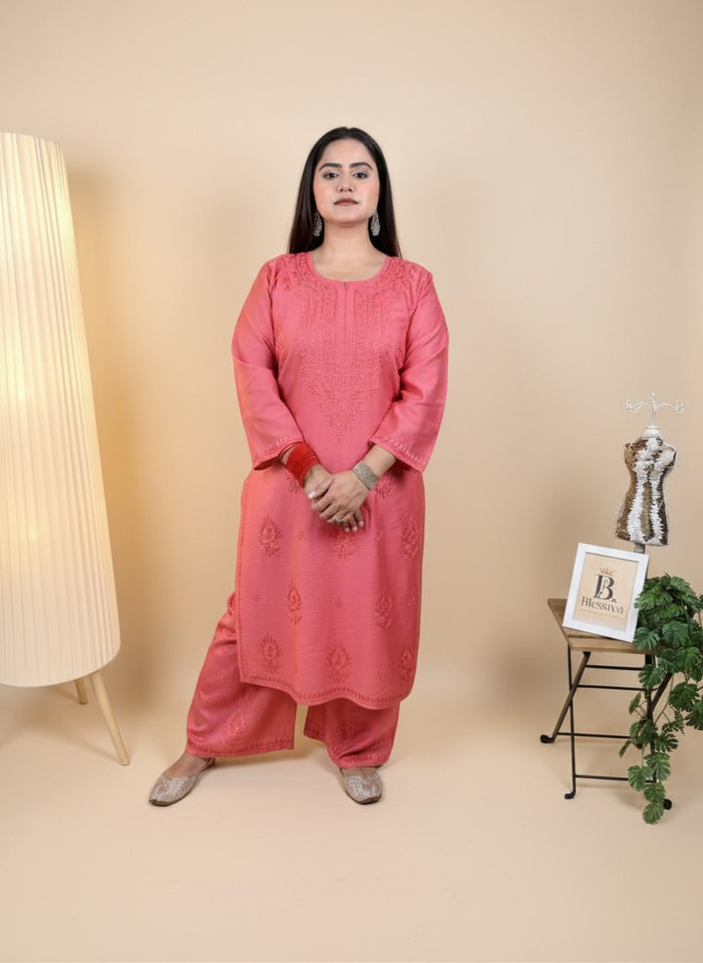 Coral Dream Handcrafted Chikankari Suit Set with Pants