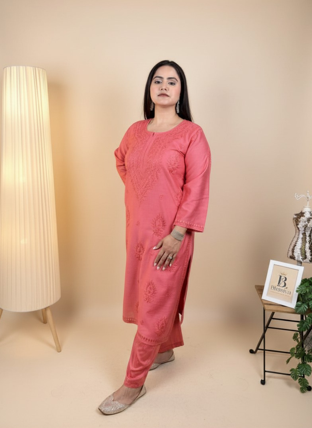 Coral Dream Handcrafted Chikankari Suit Set with Pants