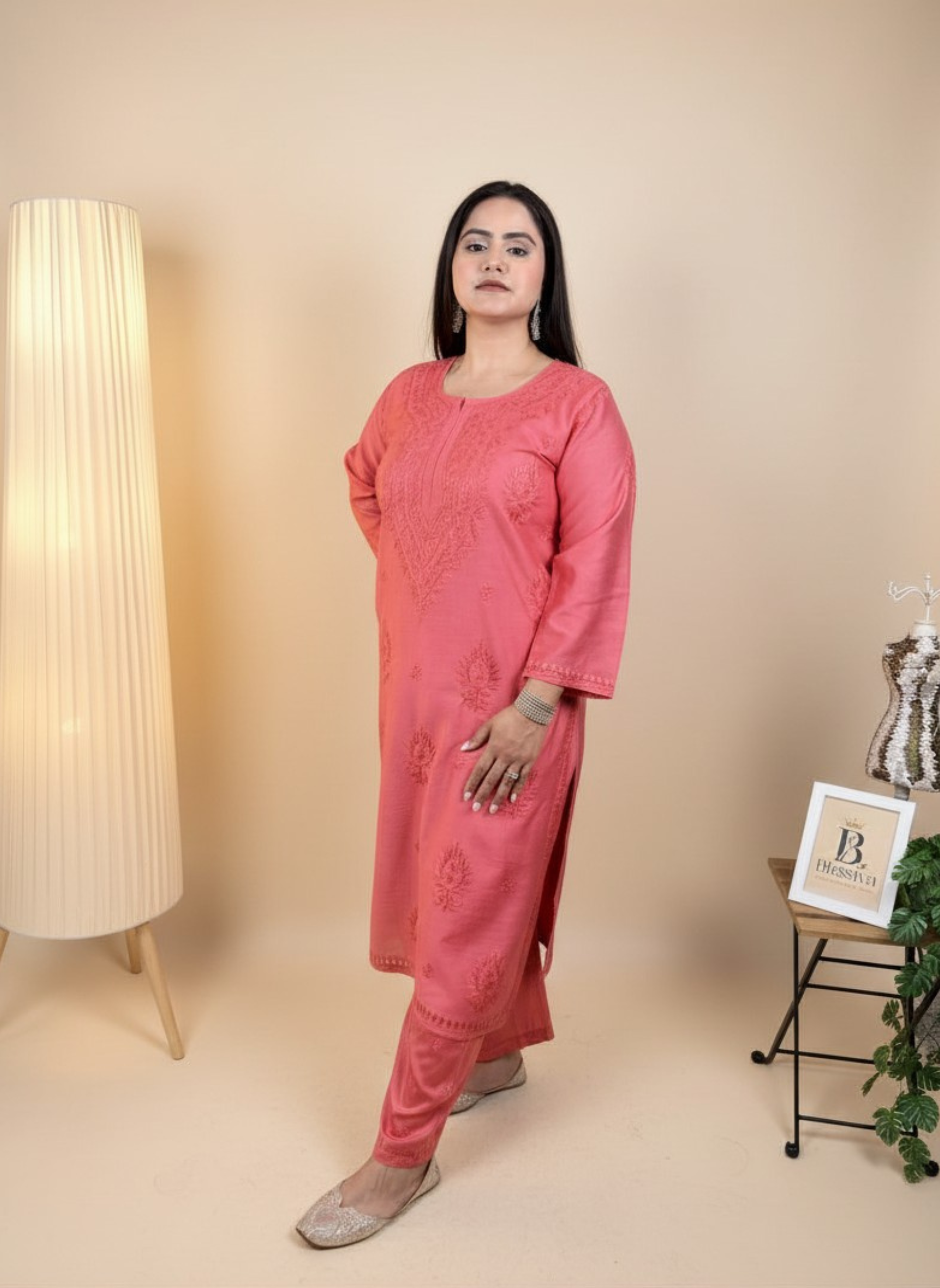 Coral Dream Handcrafted Chikankari Suit Set with Pants