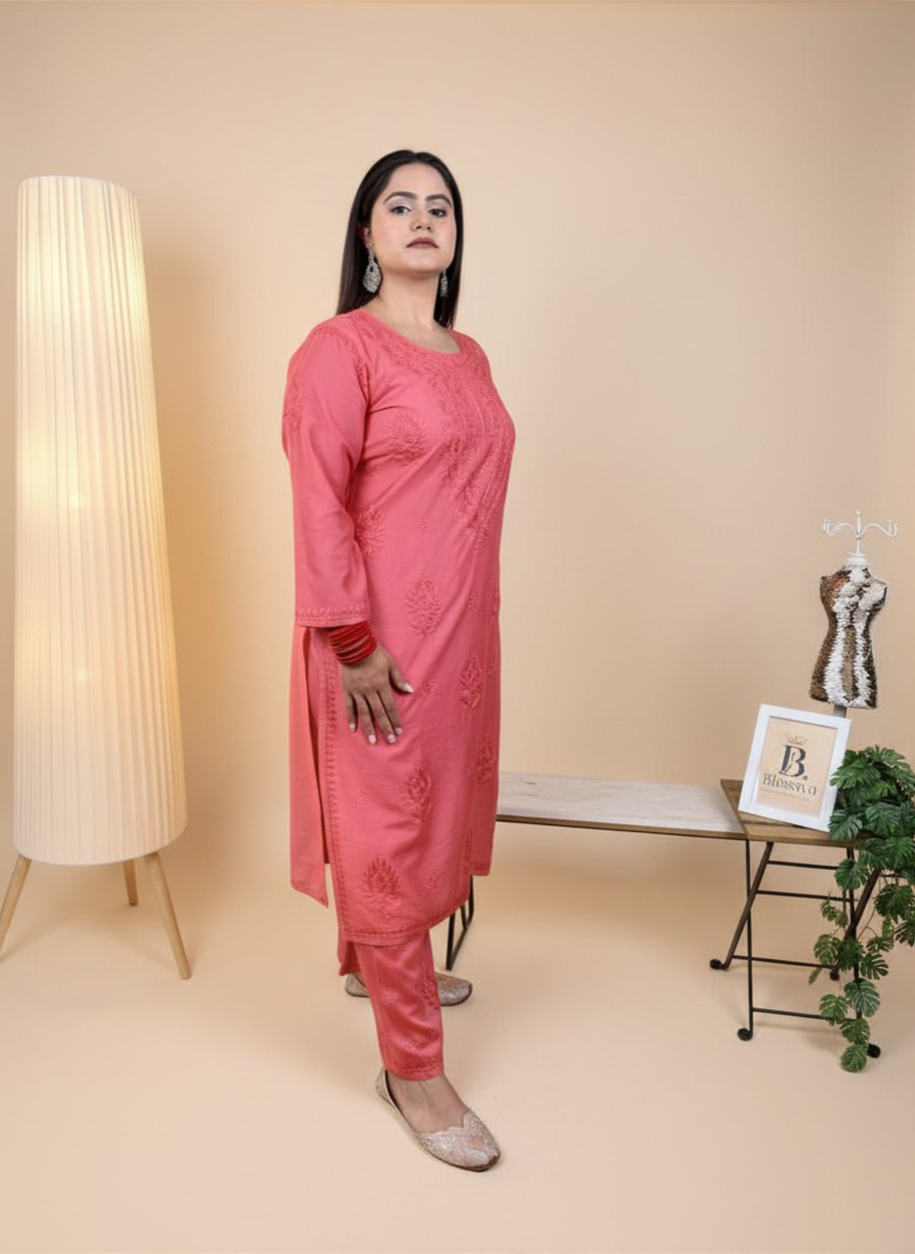 Coral Dream Handcrafted Chikankari Suit Set with Pants