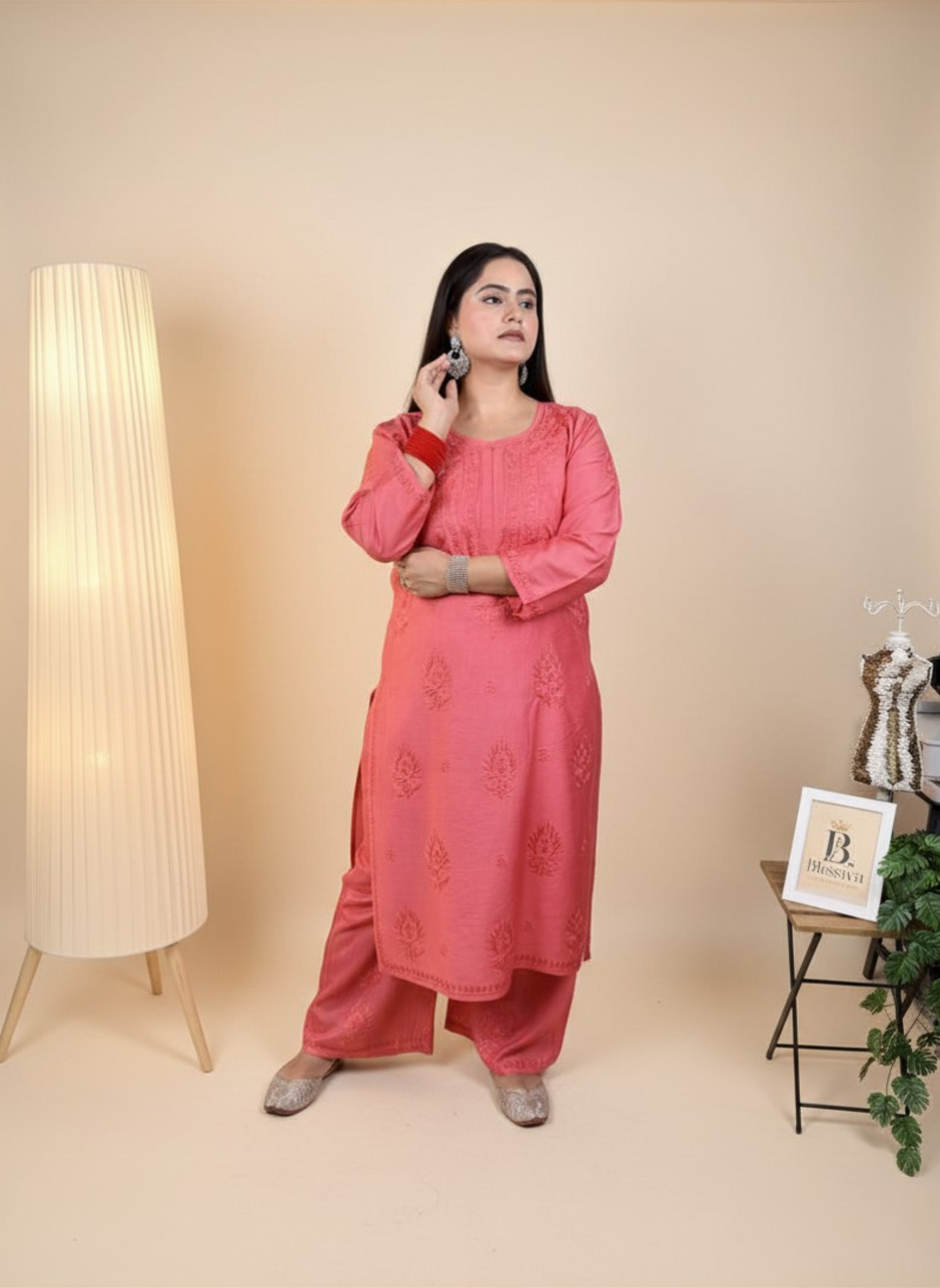Coral Dream Handcrafted Chikankari Suit Set with Pants