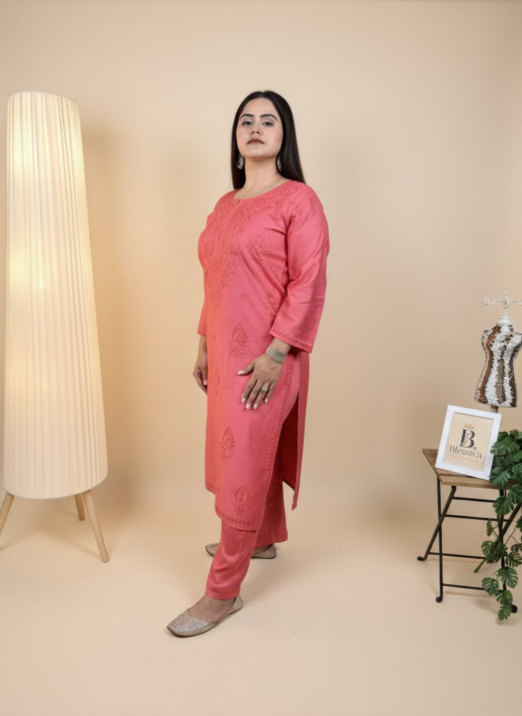 Coral Dream Handcrafted Chikankari Suit Set with Pants