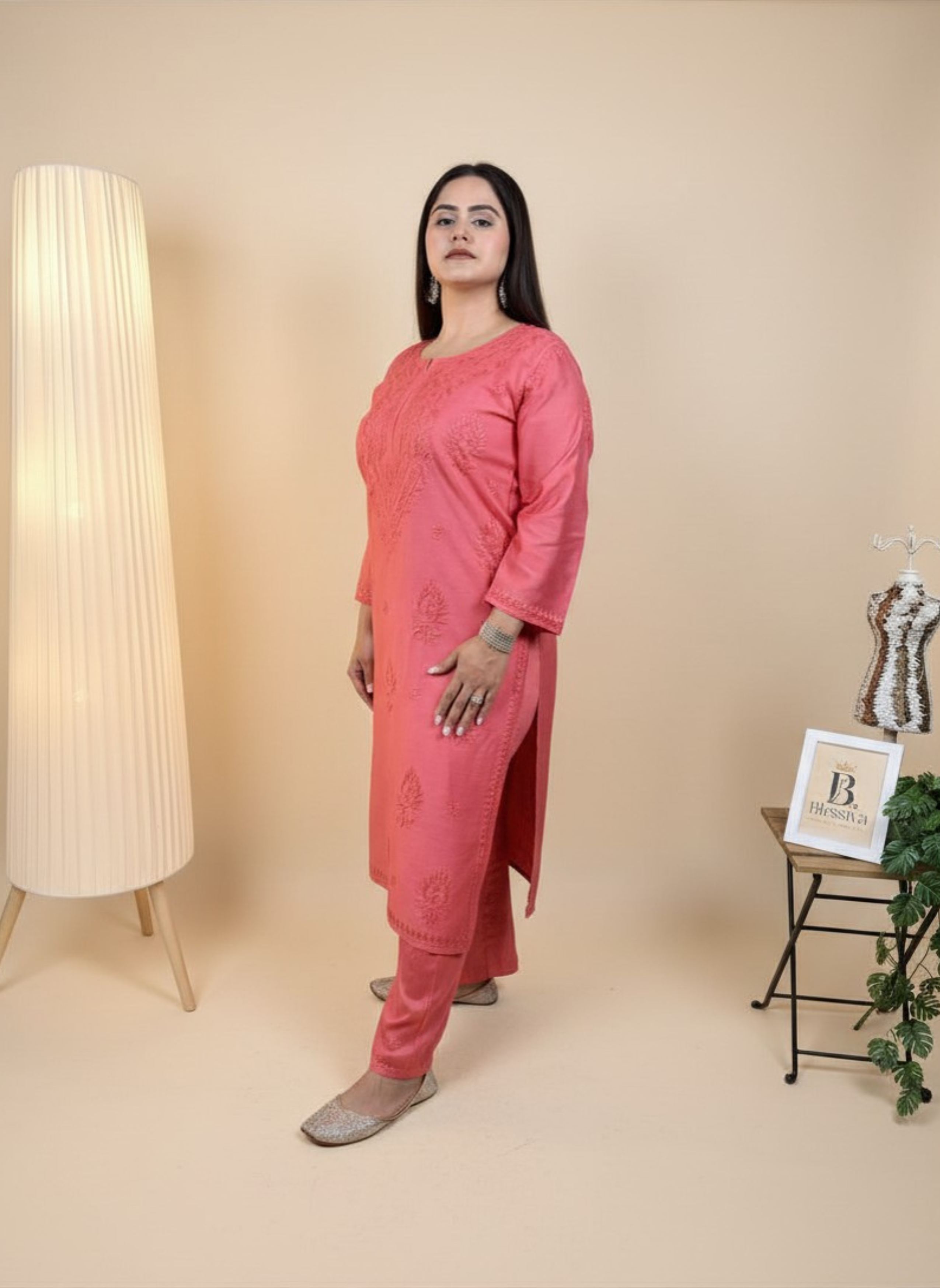 Coral Dream Handcrafted Chikankari Suit Set with Pants