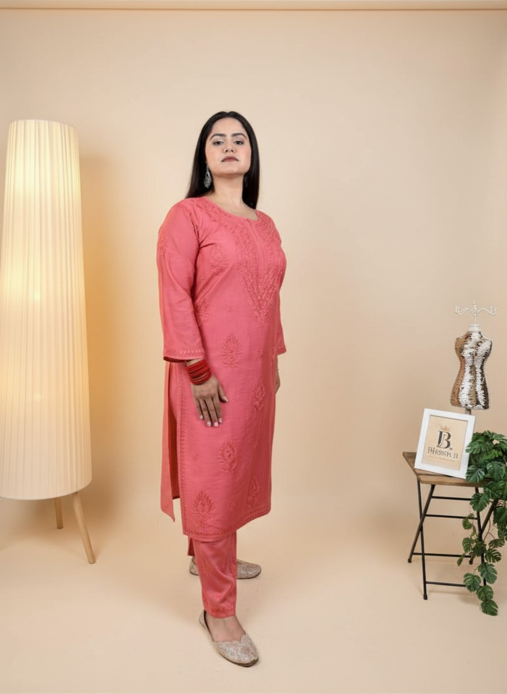 Coral Dream Handcrafted Chikankari Suit Set with Pants