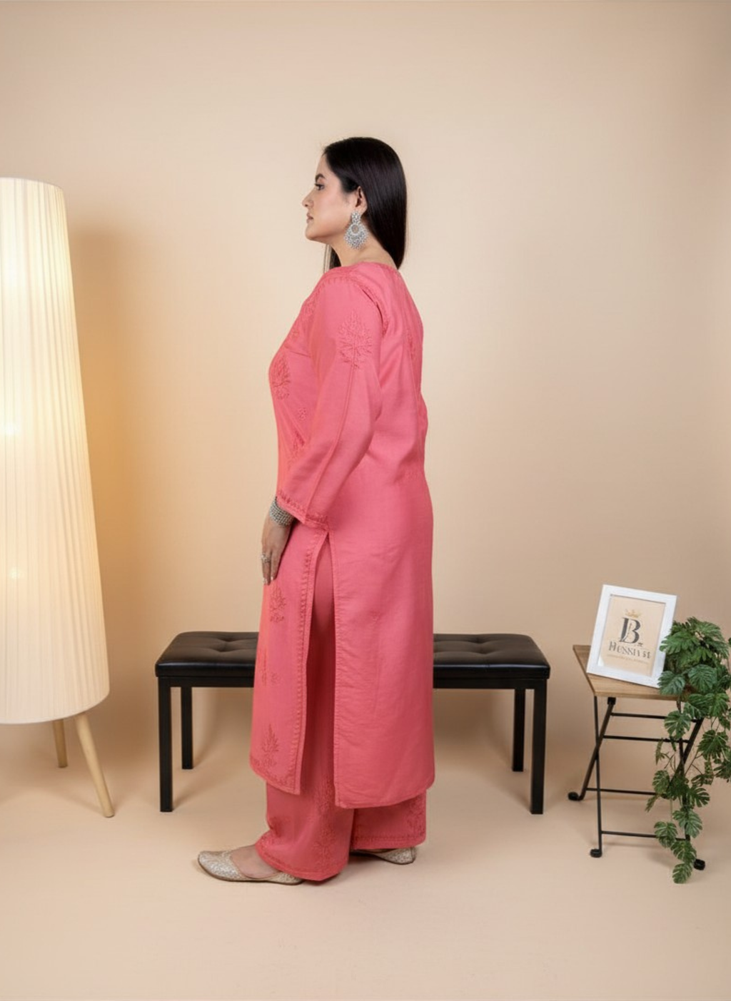 Coral Dream Handcrafted Chikankari Suit Set with Pants