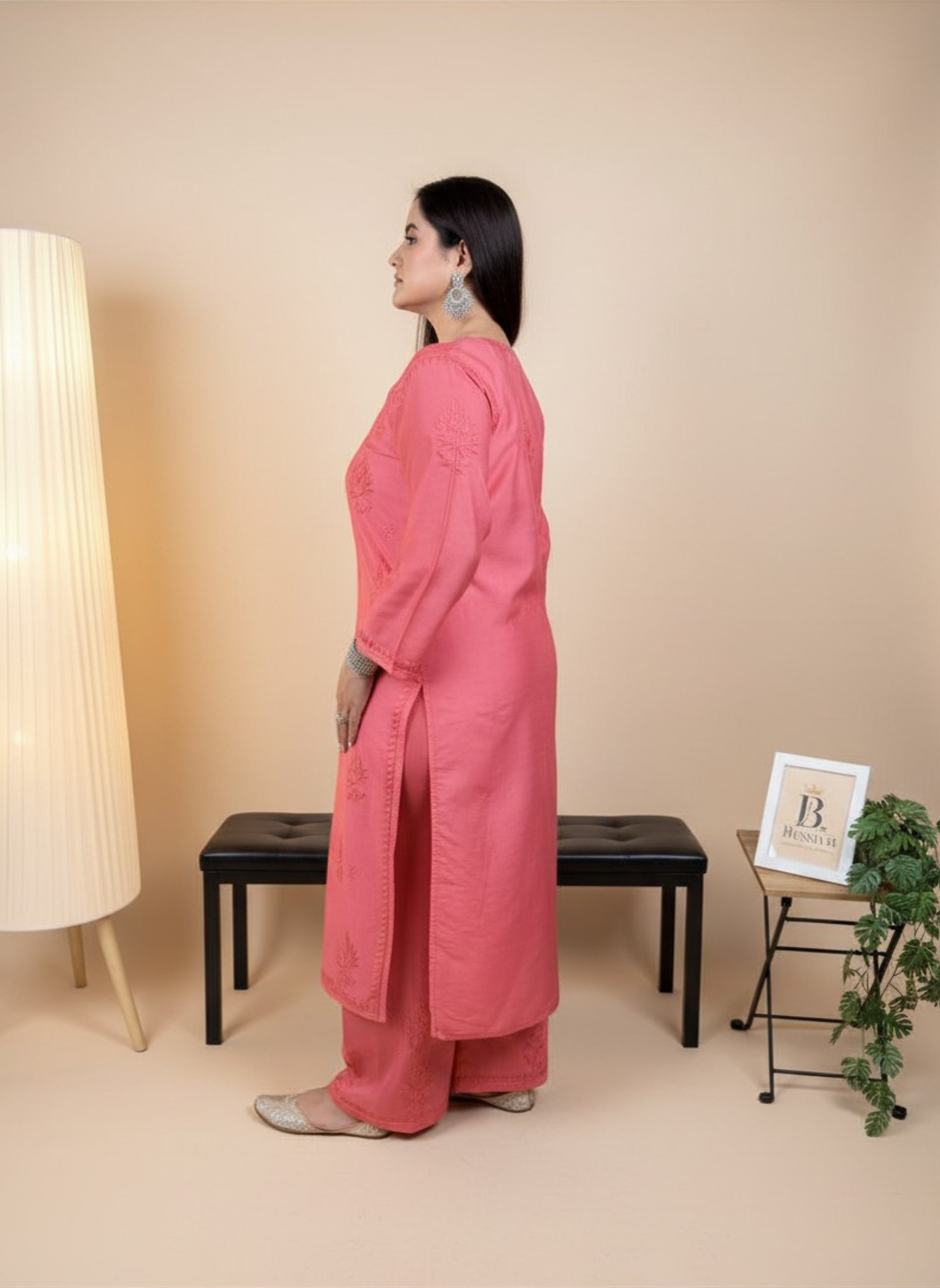 Coral Dream Handcrafted Chikankari Suit Set with Pants