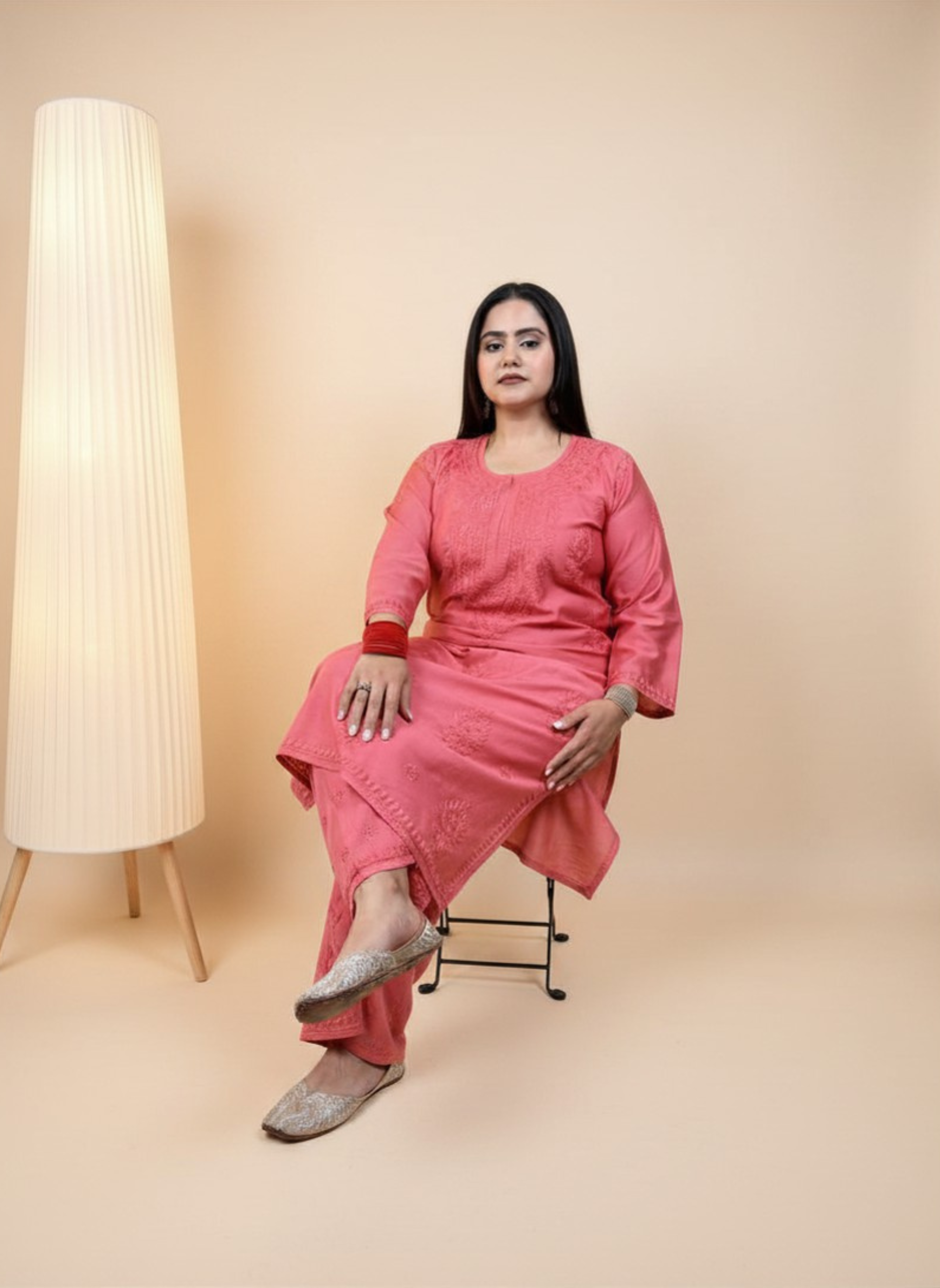 Coral Dream Handcrafted Chikankari Suit Set with Pants