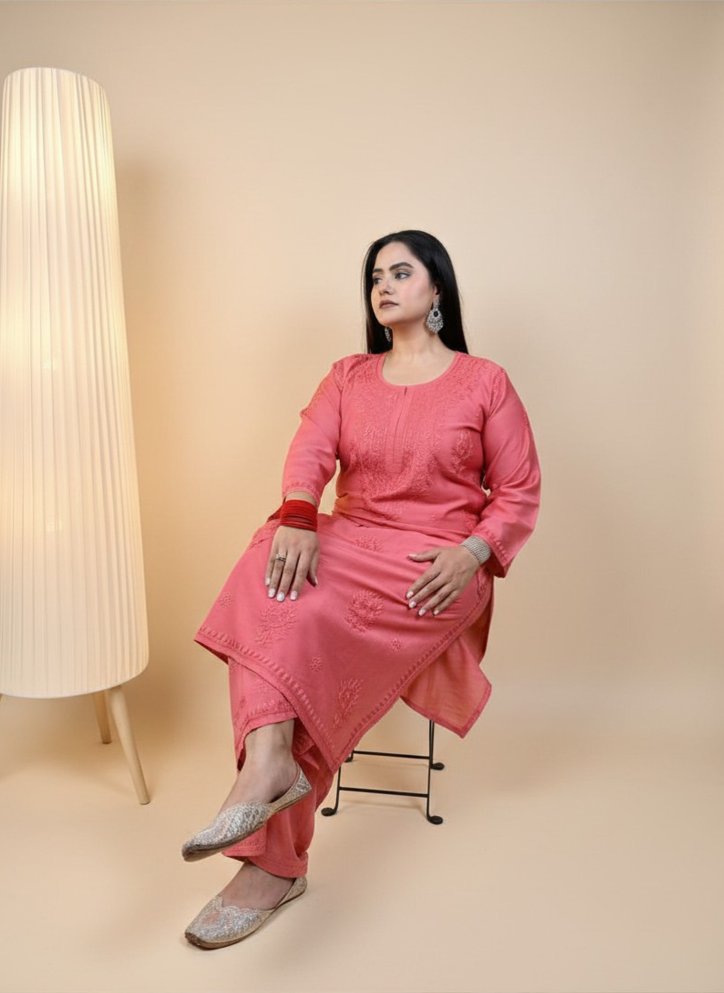Coral Dream Handcrafted Chikankari Suit Set with Pants