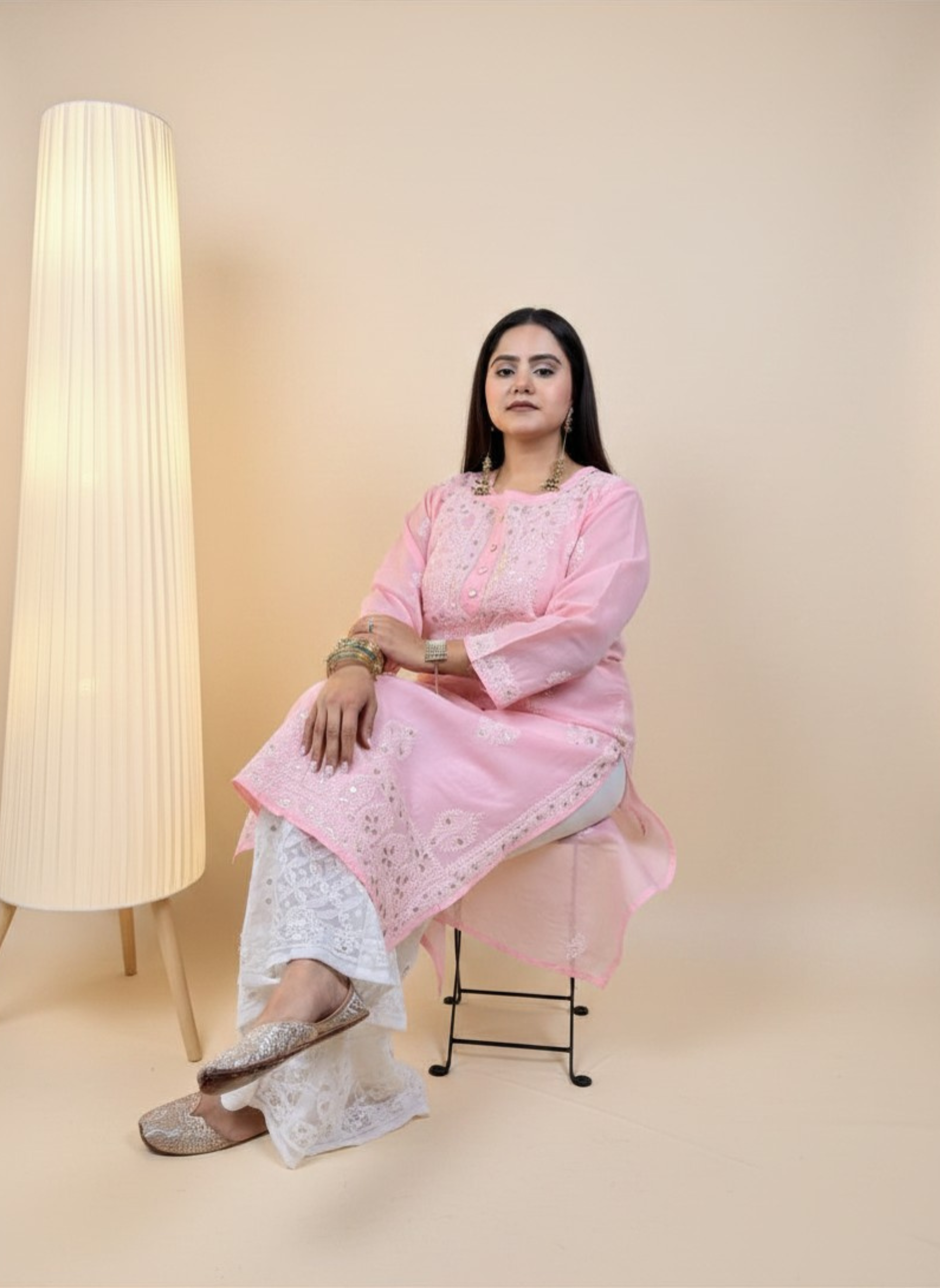 Rose Blush Handcrafted Chikankari Kurta with Mirror Work