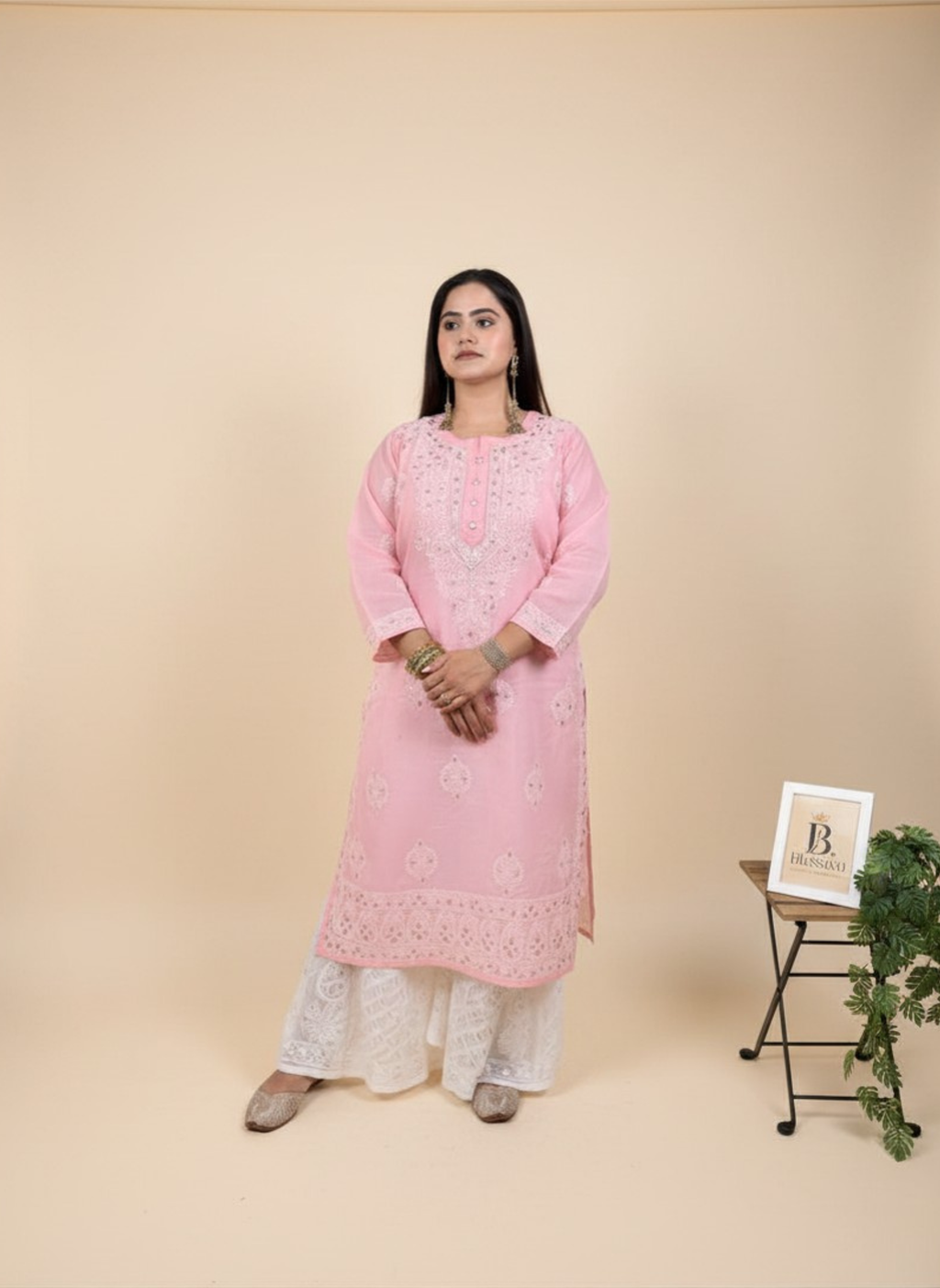 Rose Blush Handcrafted Chikankari Kurta with Mirror Work