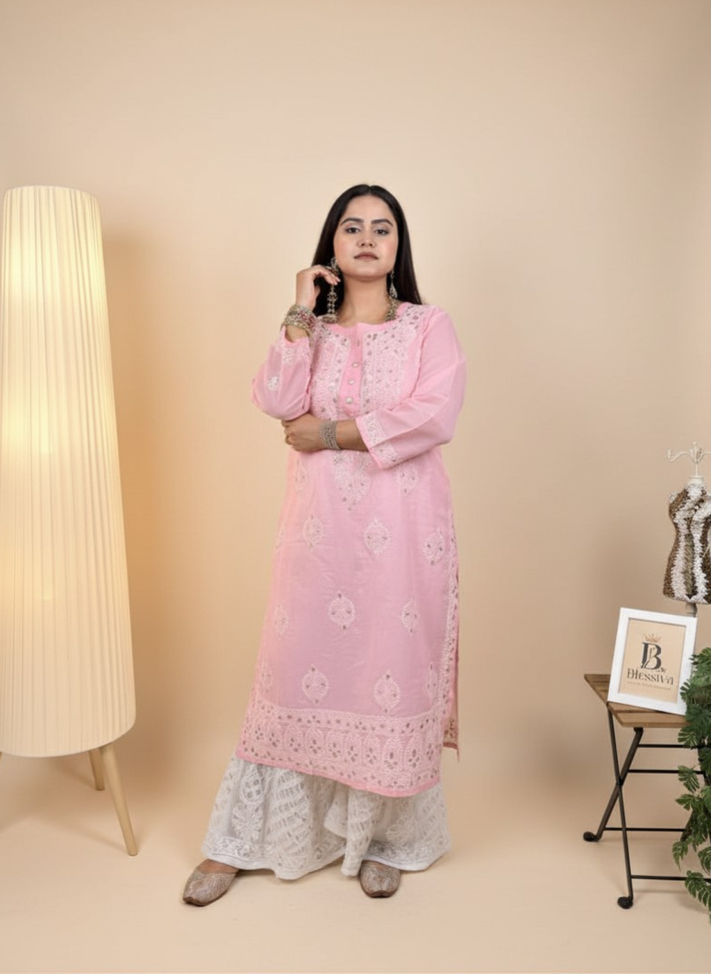 Rose Blush Handcrafted Chikankari Kurta with Mirror Work