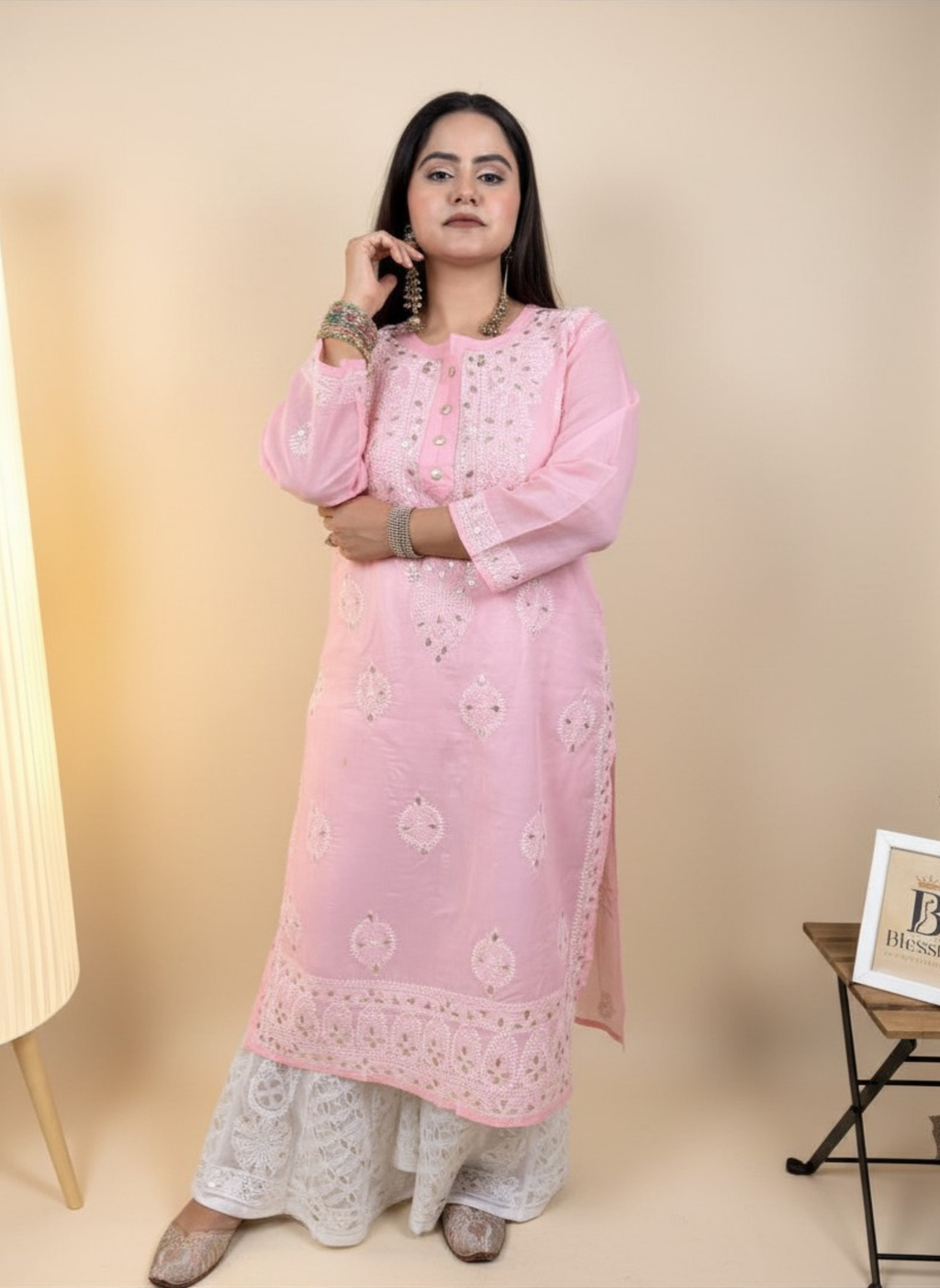 Rose Blush Handcrafted Chikankari Kurta with Mirror Work