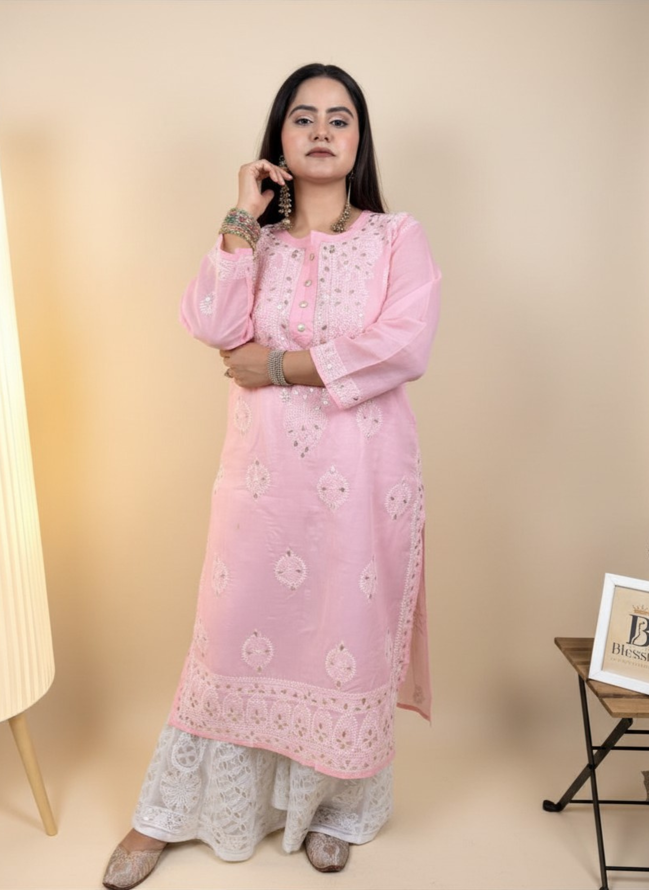 Rose Blush Handcrafted Chikankari Kurta with Mirror Work