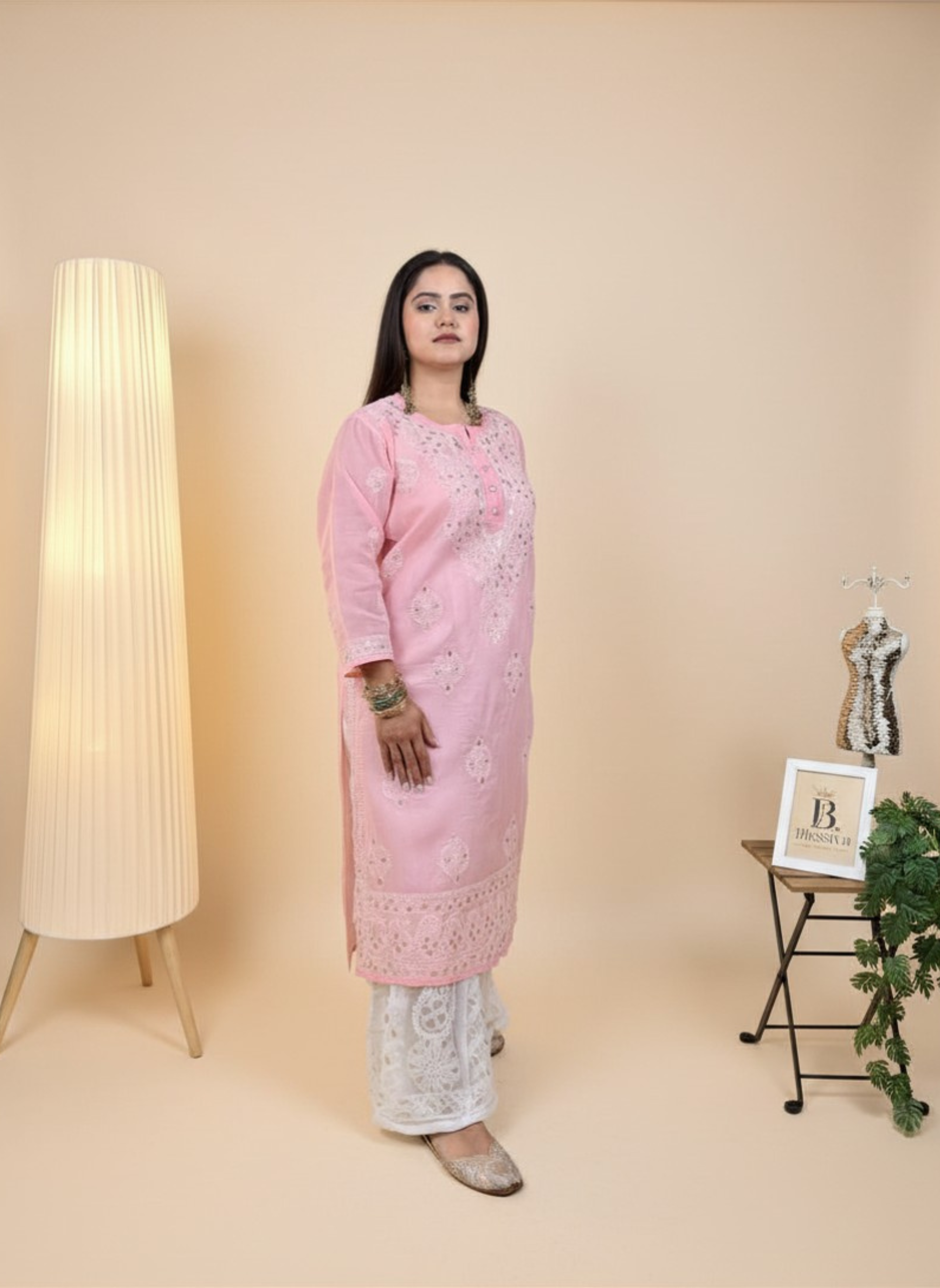 Rose Blush Handcrafted Chikankari Kurta with Mirror Work