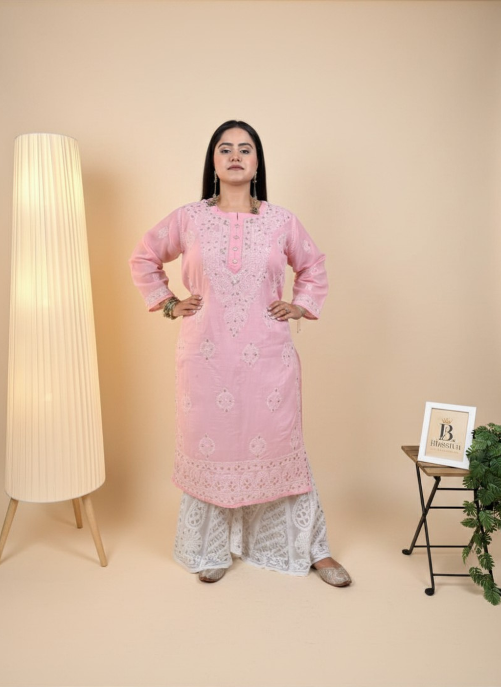 Rose Blush Handcrafted Chikankari Kurta with Mirror Work