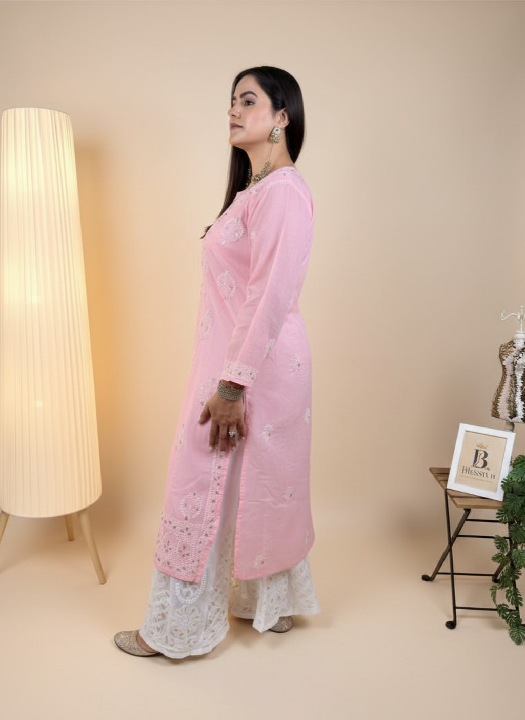 Rose Blush Handcrafted Chikankari Kurta with Mirror Work