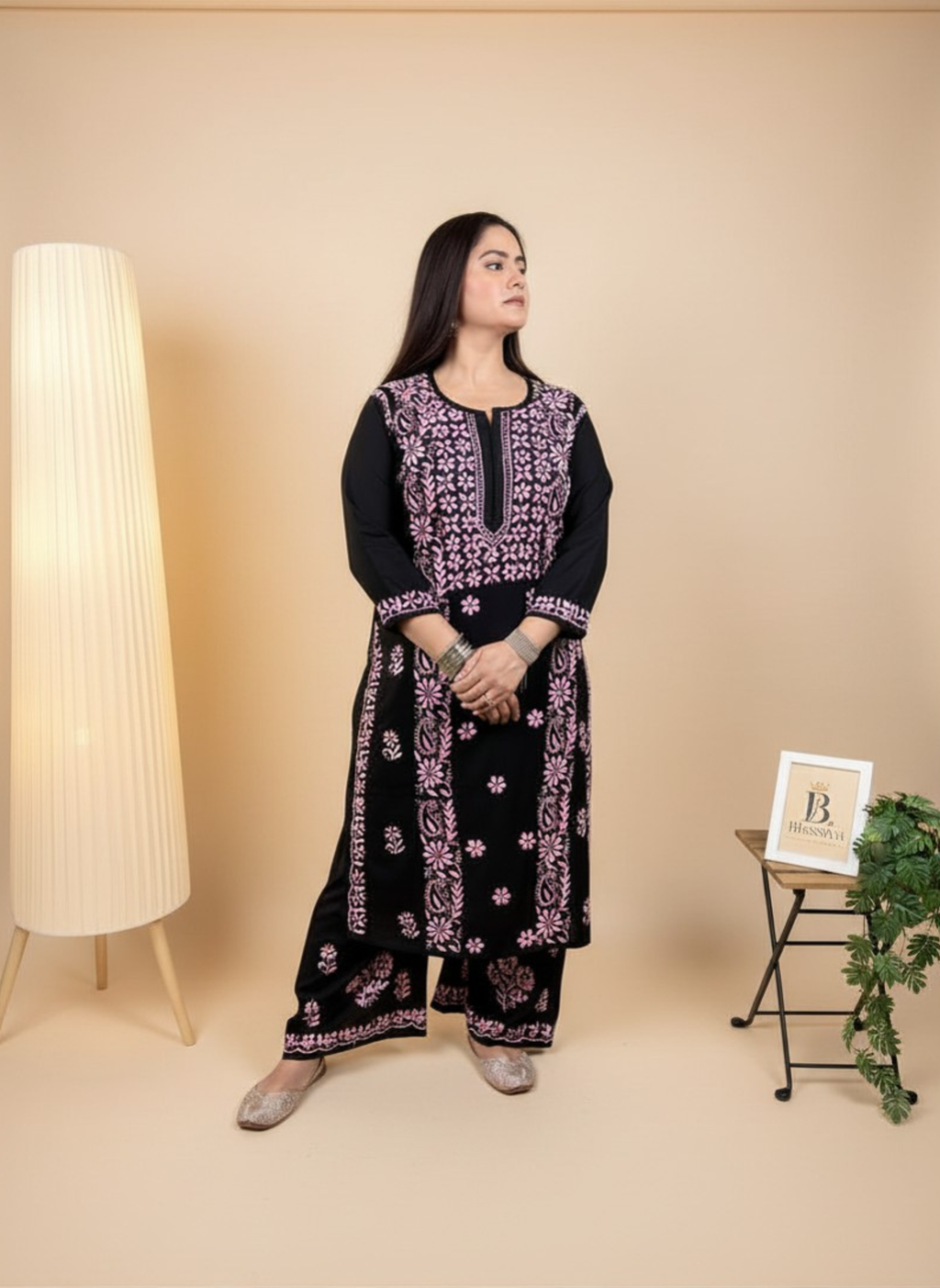 Midnight Rose Handcrafted Chikankari Suit Set with Palazzo