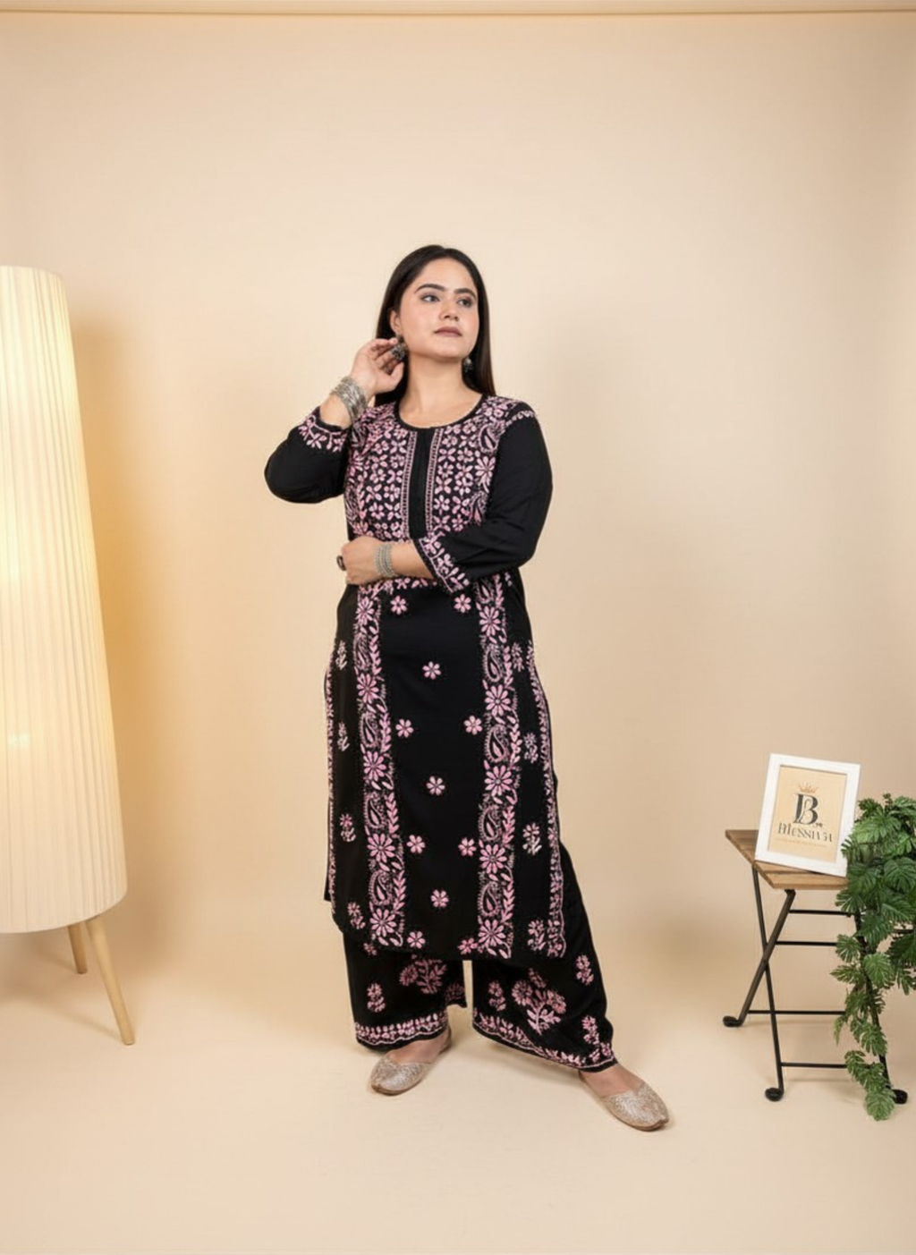 Midnight Rose Handcrafted Chikankari Suit Set with Palazzo