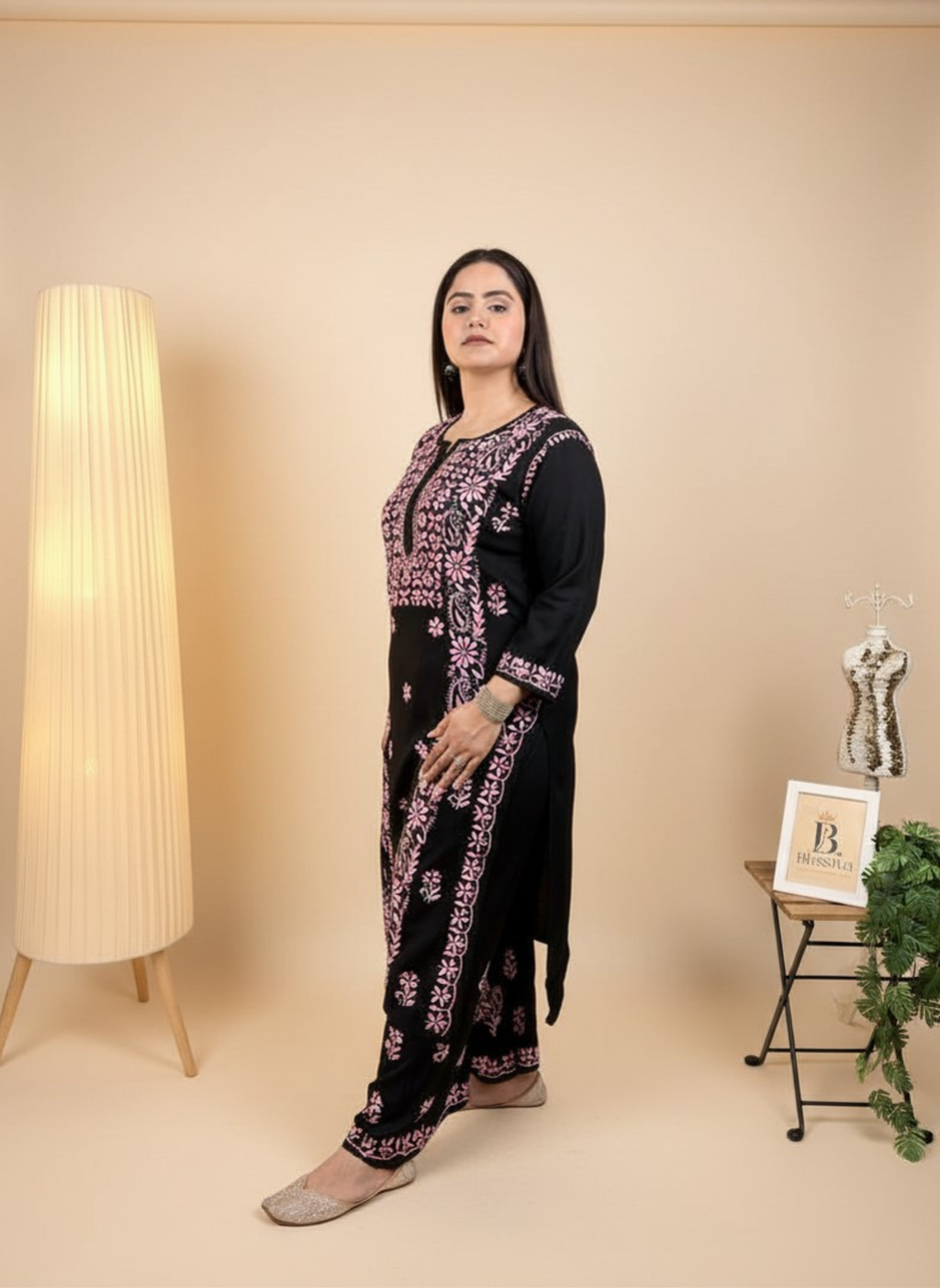 Midnight Rose Handcrafted Chikankari Suit Set with Palazzo