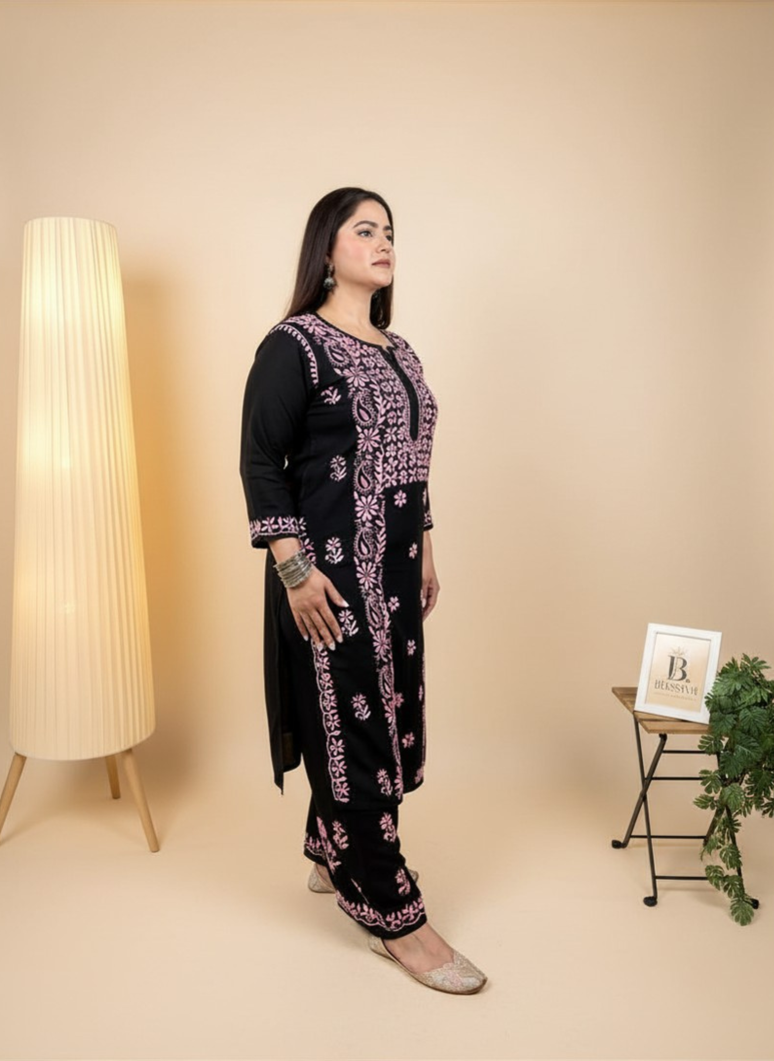 Midnight Rose Handcrafted Chikankari Suit Set with Palazzo