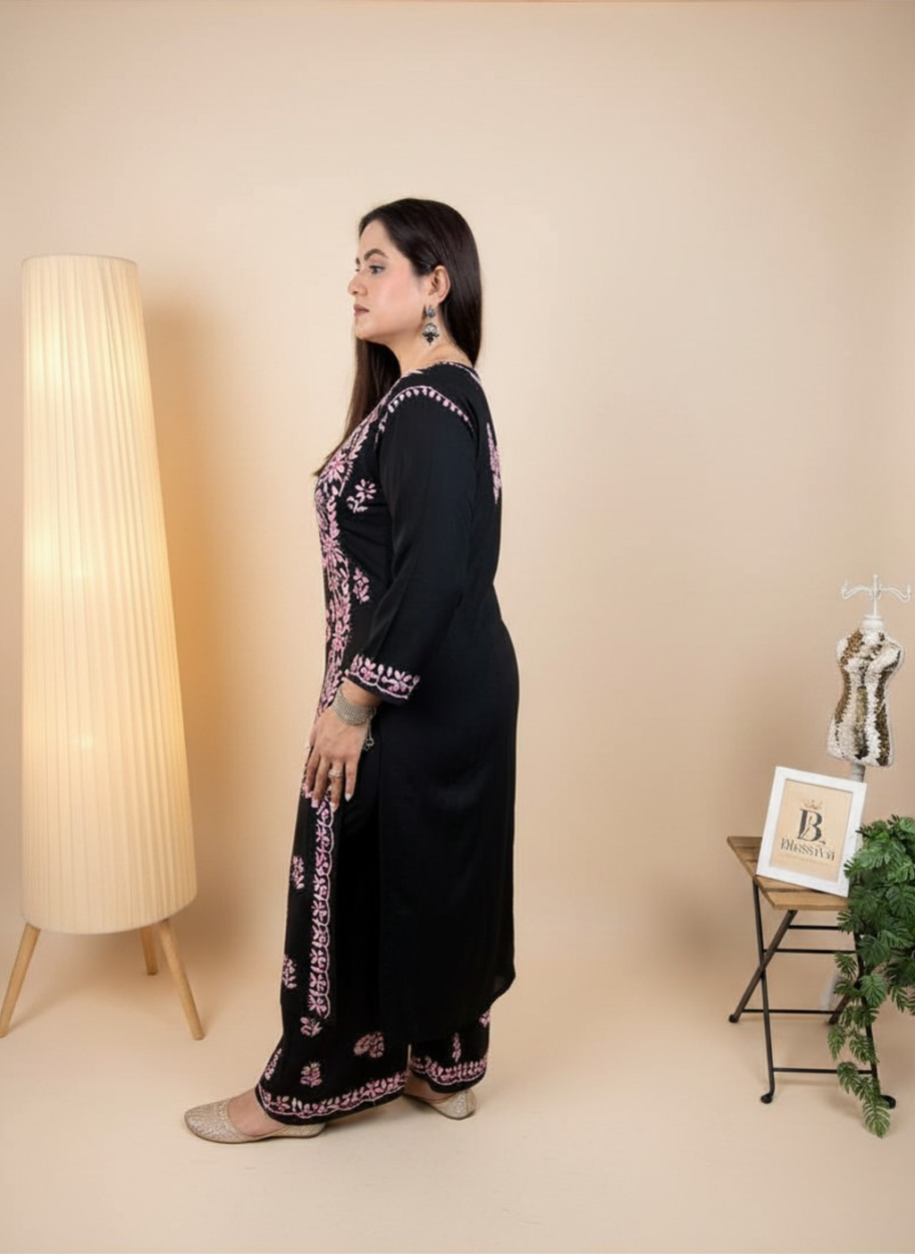 Midnight Rose Handcrafted Chikankari Suit Set with Palazzo
