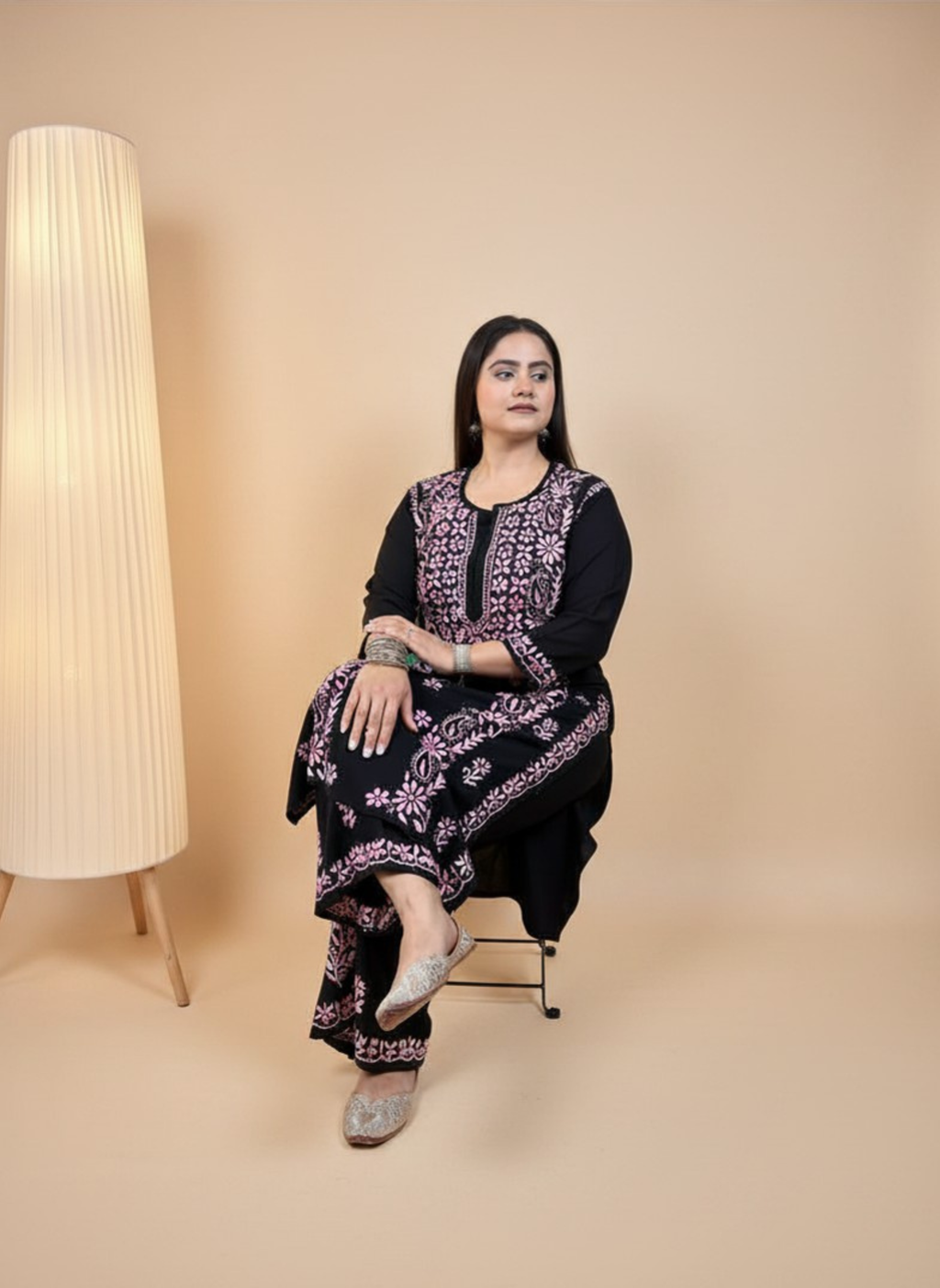Midnight Rose Handcrafted Chikankari Suit Set with Palazzo