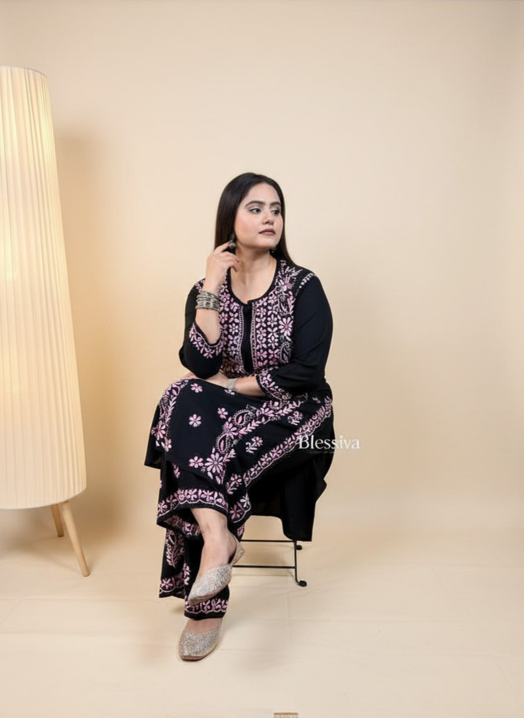 Midnight Rose Handcrafted Chikankari Suit Set with Palazzo