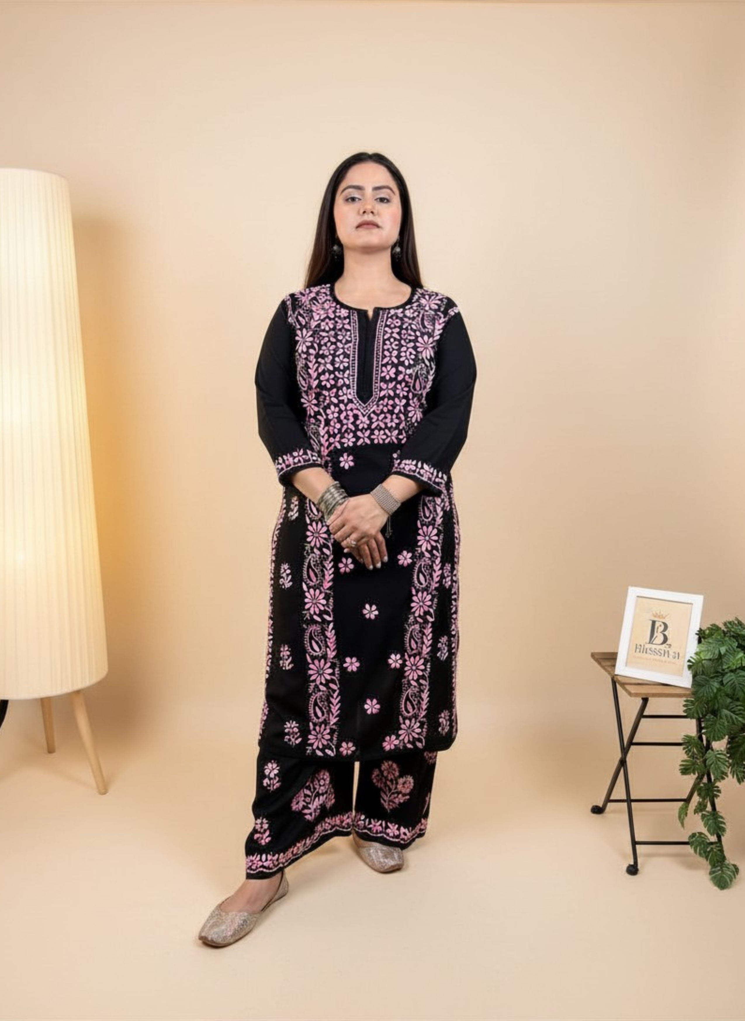 Midnight Rose Handcrafted Chikankari Suit Set with Palazzo