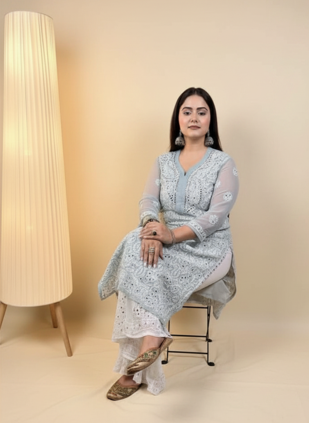 Silver Mist Handcrafted Chikankari Kurta with Mirror Work