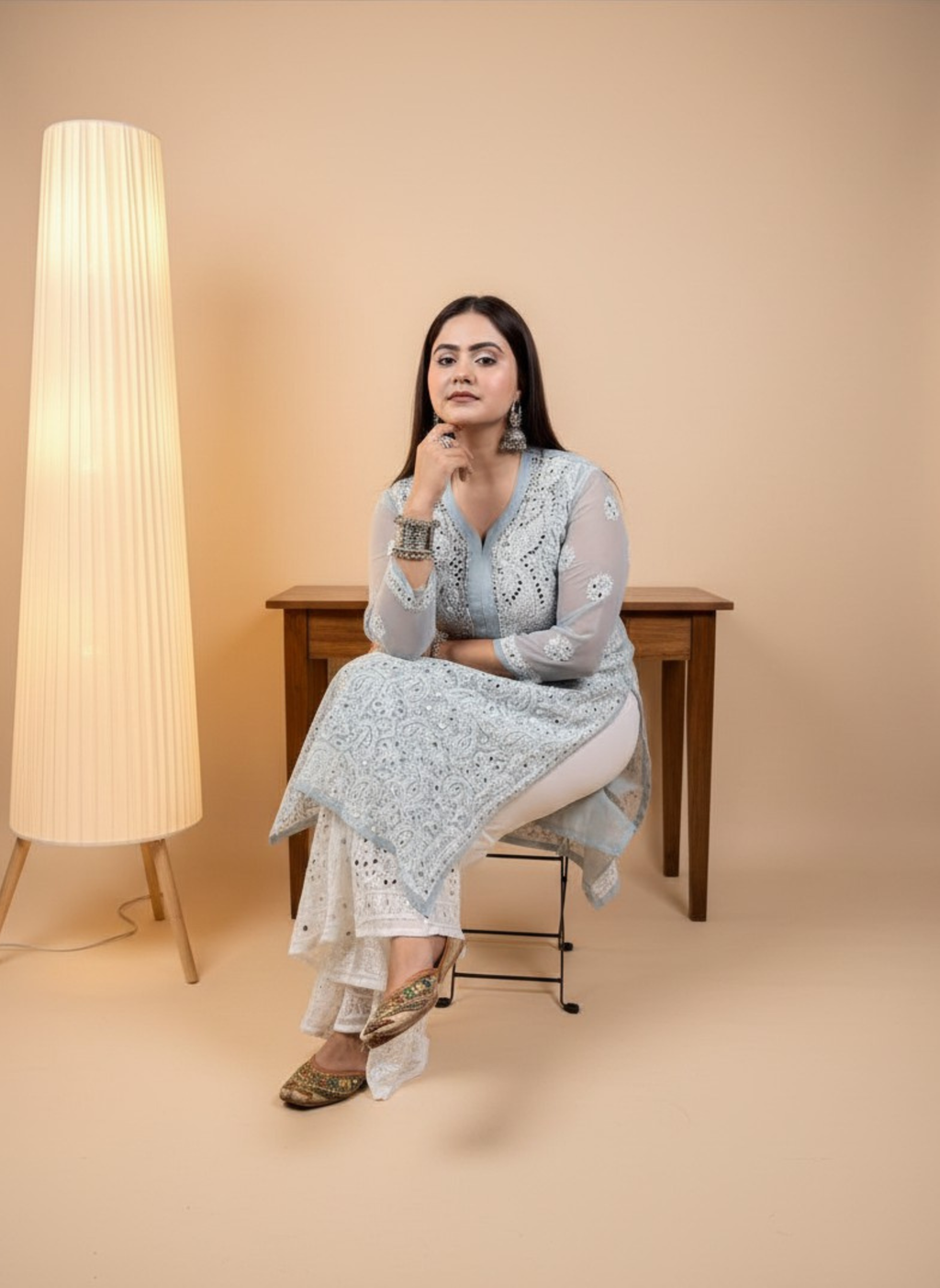 Silver Mist Handcrafted Chikankari Kurta with Mirror Work