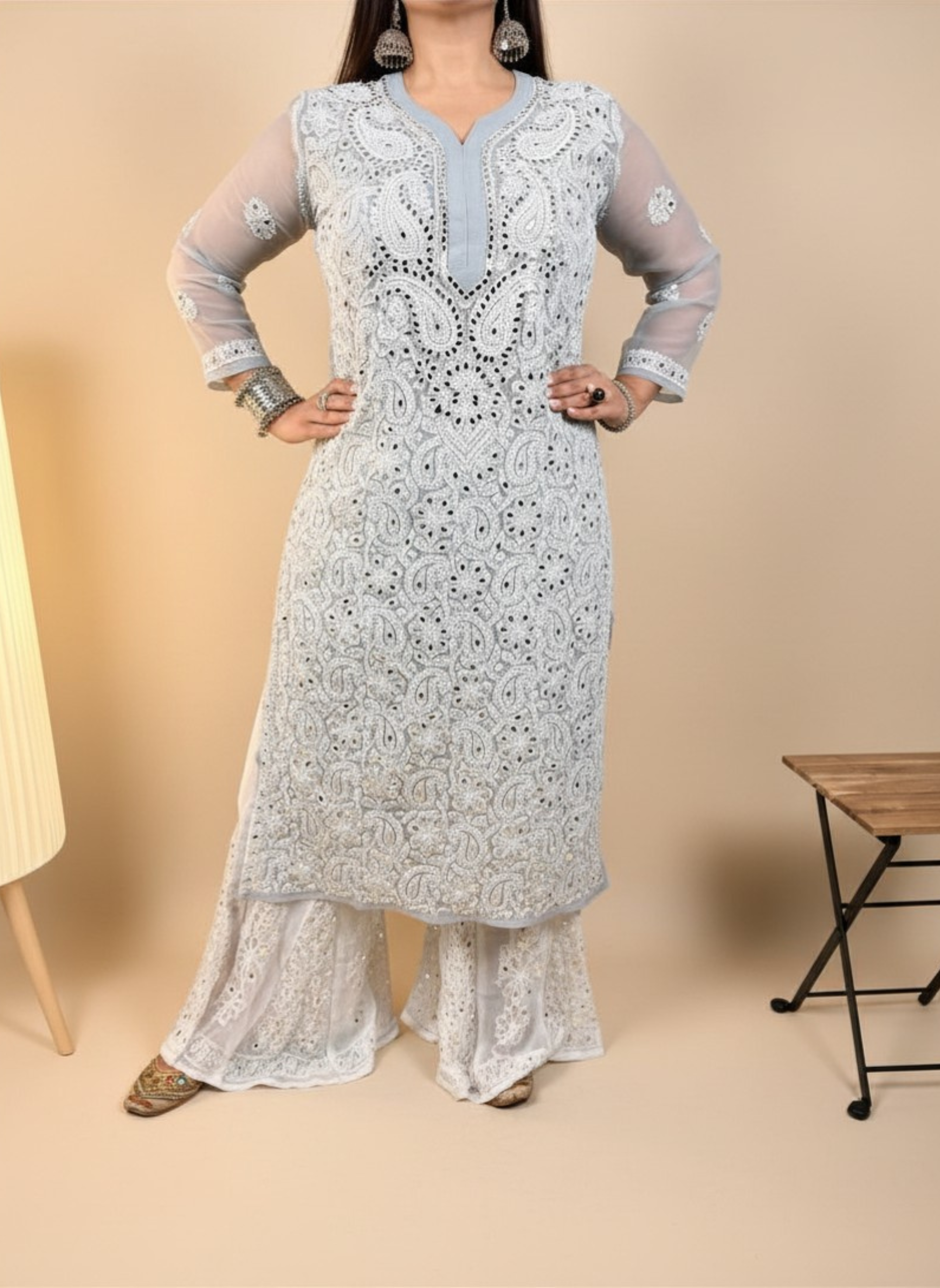 Silver Mist Handcrafted Chikankari Kurta with Mirror Work