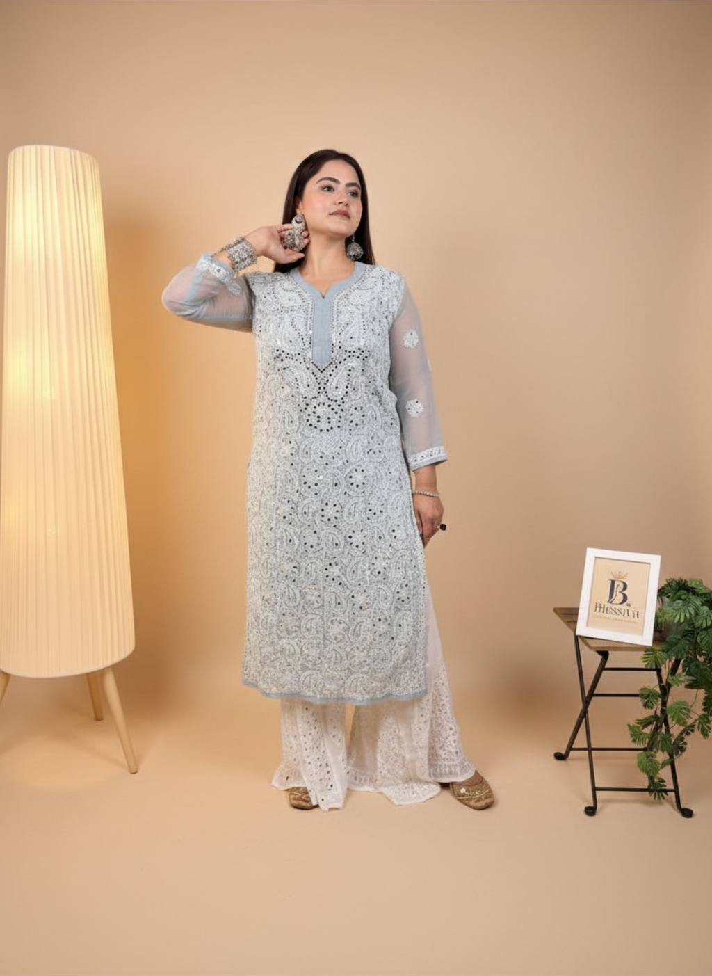 Silver Mist Handcrafted Chikankari Kurta with Mirror Work