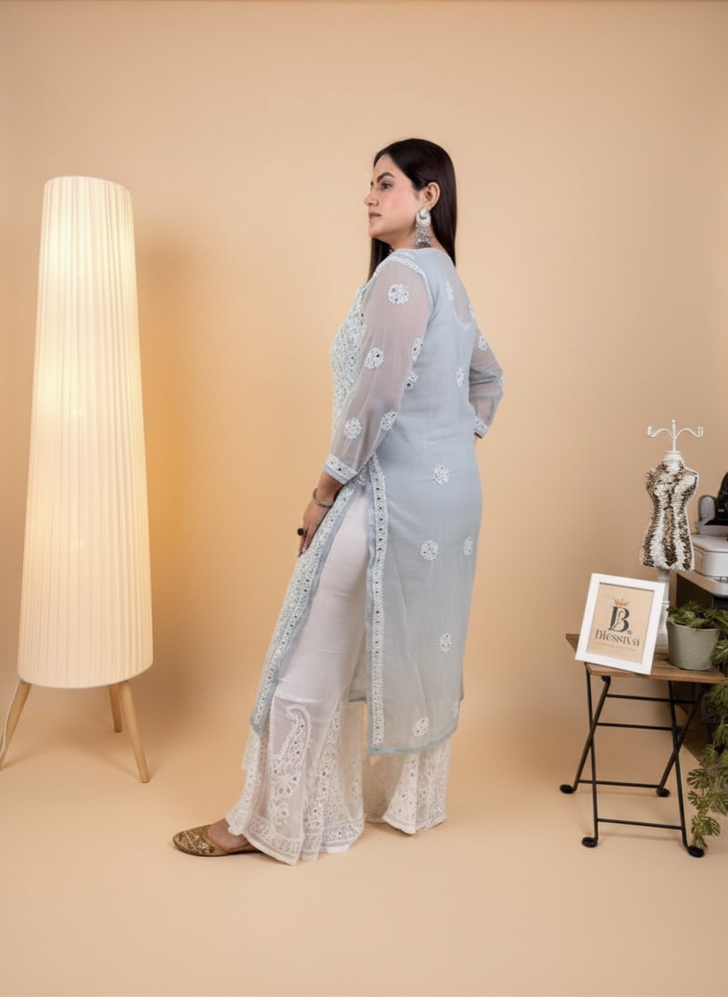Silver Mist Handcrafted Chikankari Kurta with Mirror Work