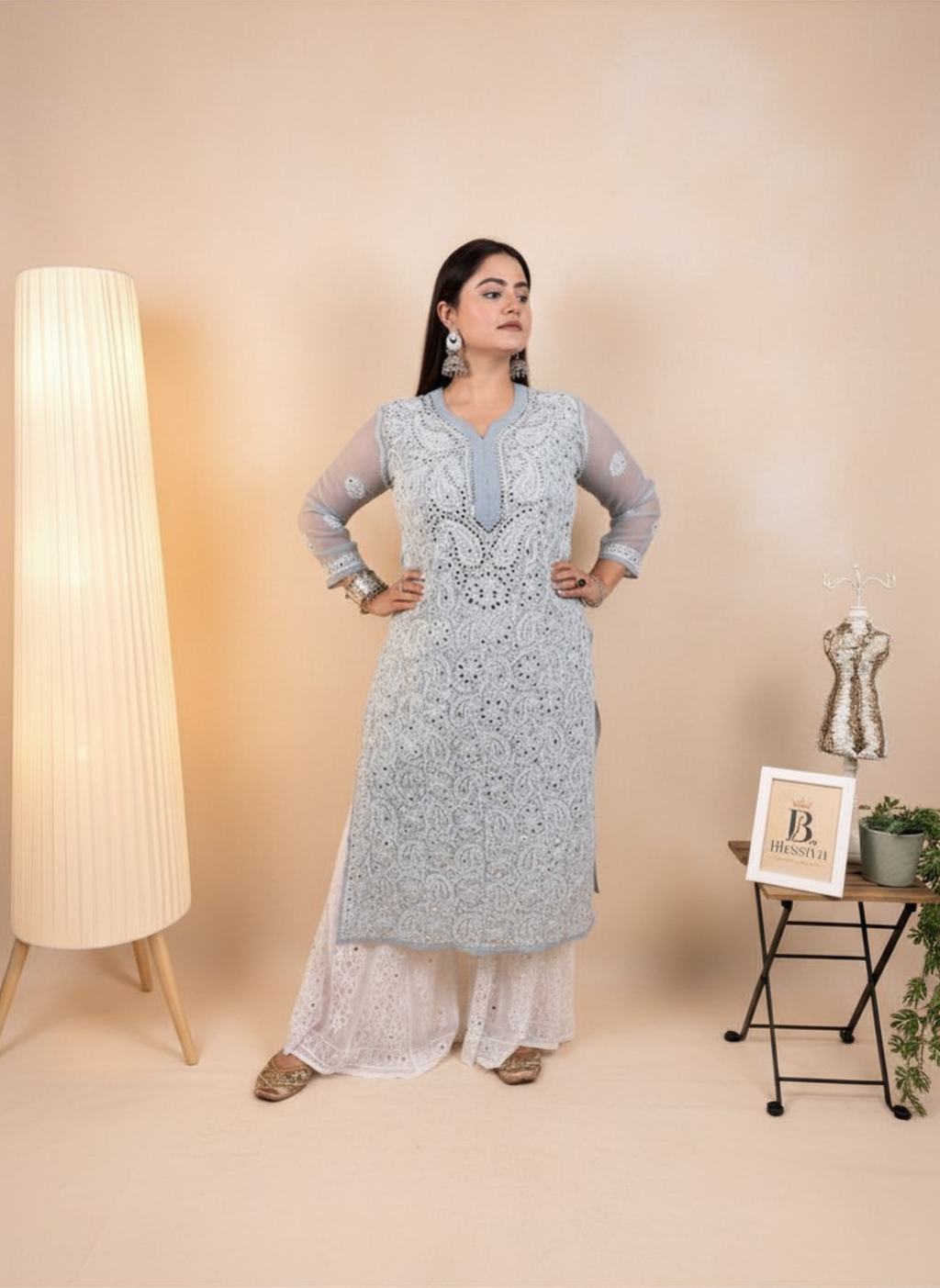 Silver Mist Handcrafted Chikankari Kurta with Mirror Work