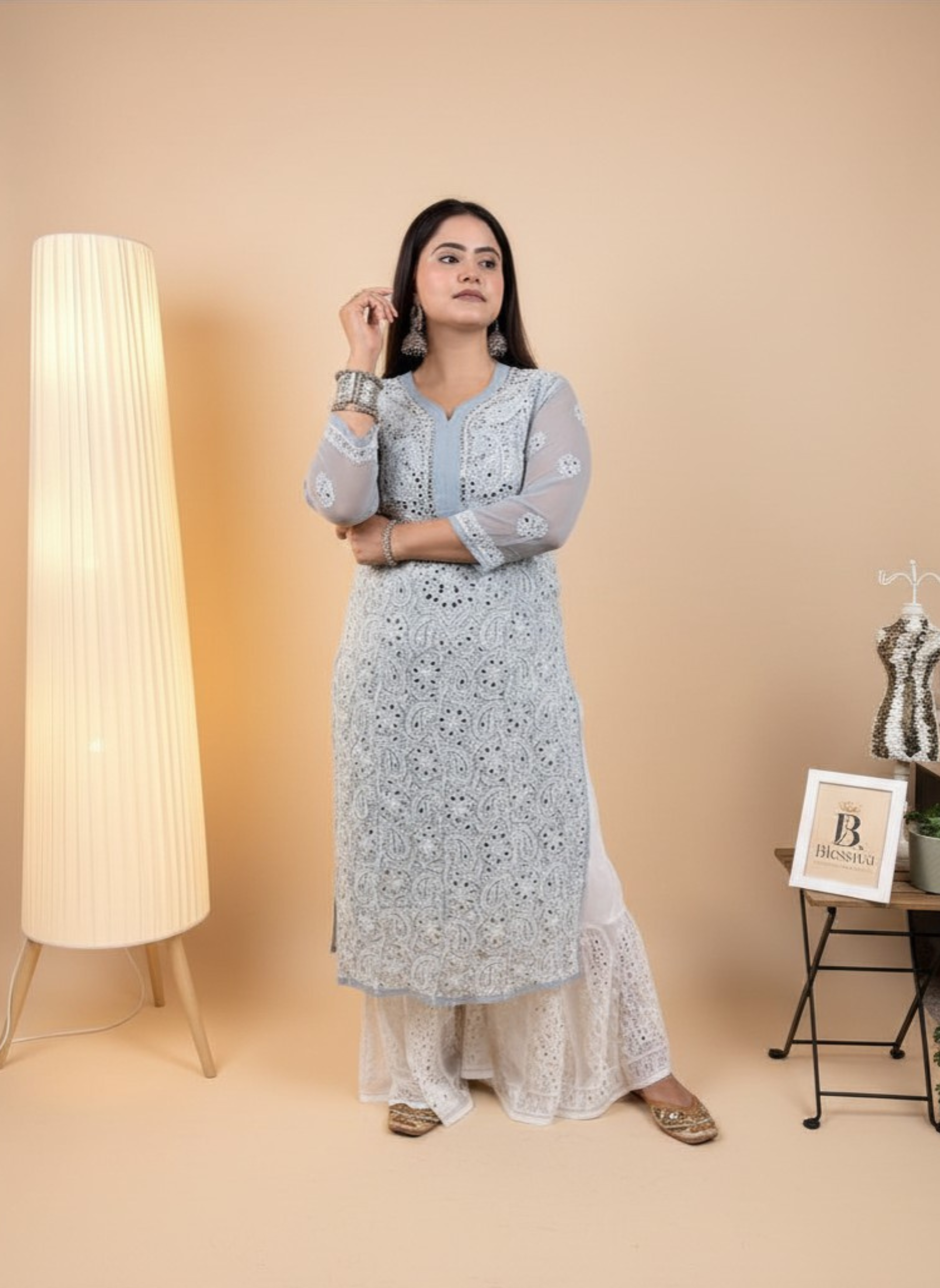 Silver Mist Handcrafted Chikankari Kurta with Mirror Work