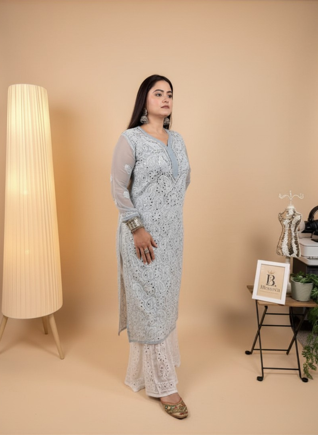 Silver Mist Handcrafted Chikankari Kurta with Mirror Work