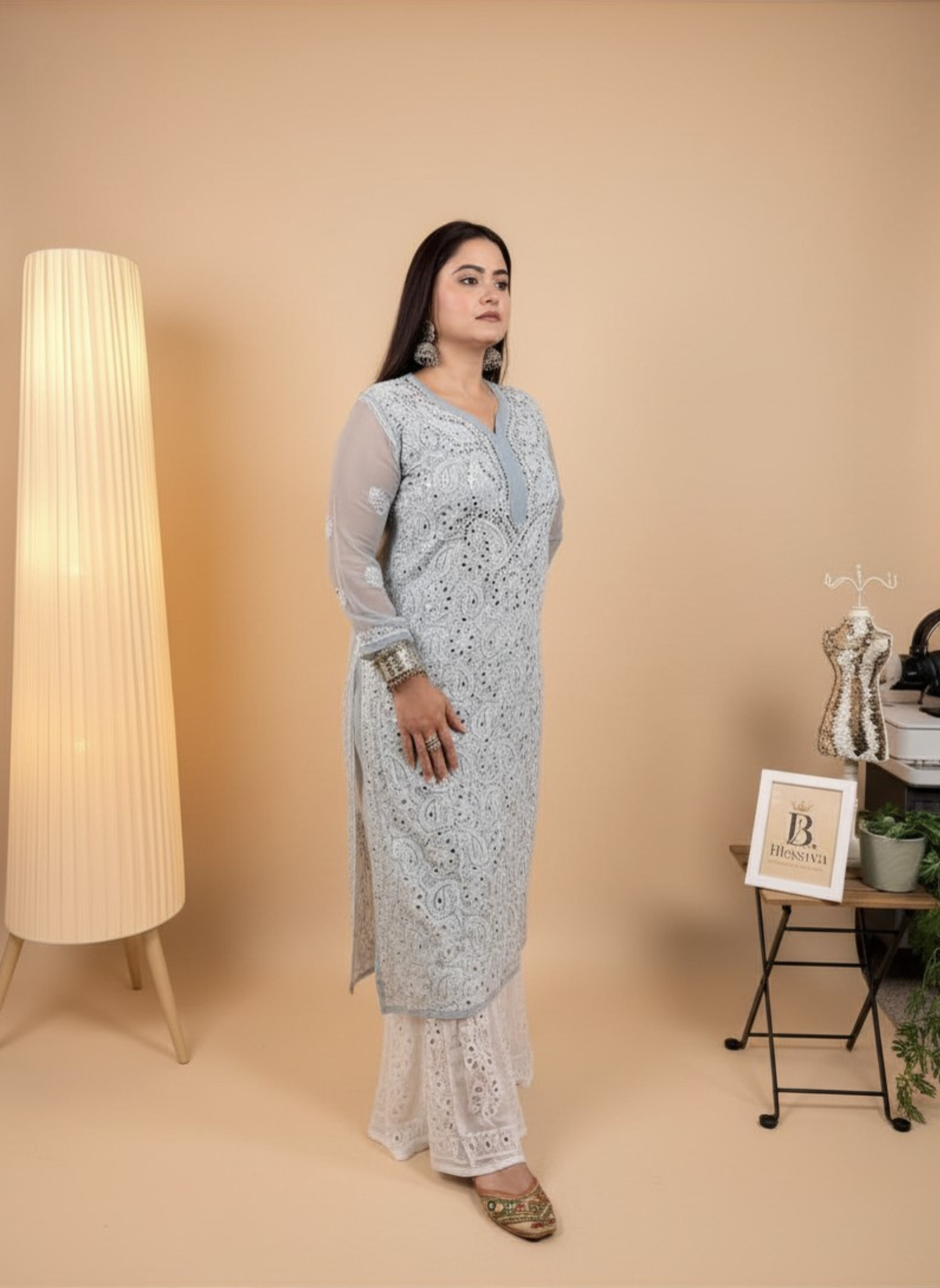 Silver Mist Handcrafted Chikankari Kurta with Mirror Work